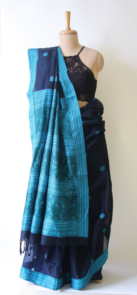 Deep Blue  Handloom Cotton Silk Saree from Assam , India