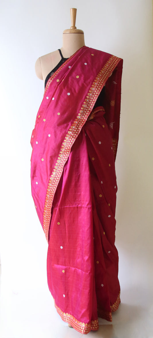 Rose Red Handloom Pat / Mulberry Silk Saree from Assam