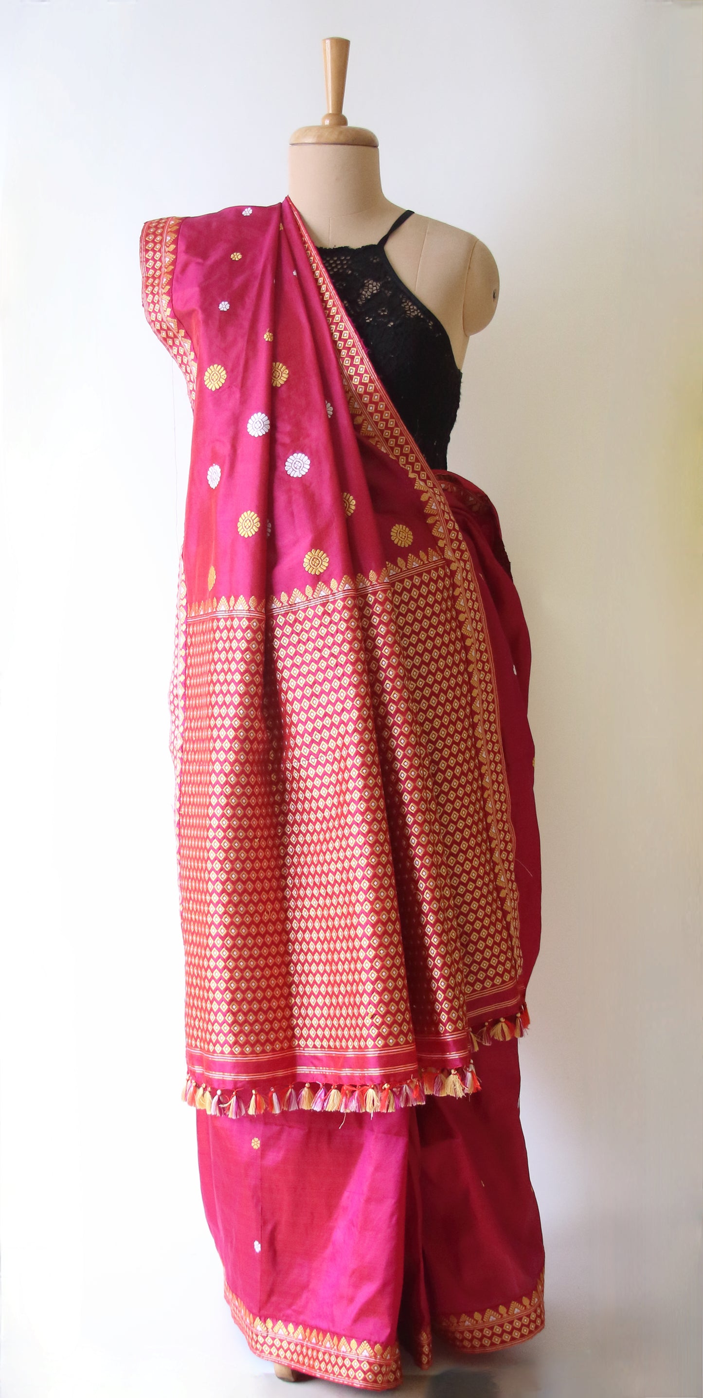 Rose Red Handloom Pat / Mulberry Silk Saree from Assam