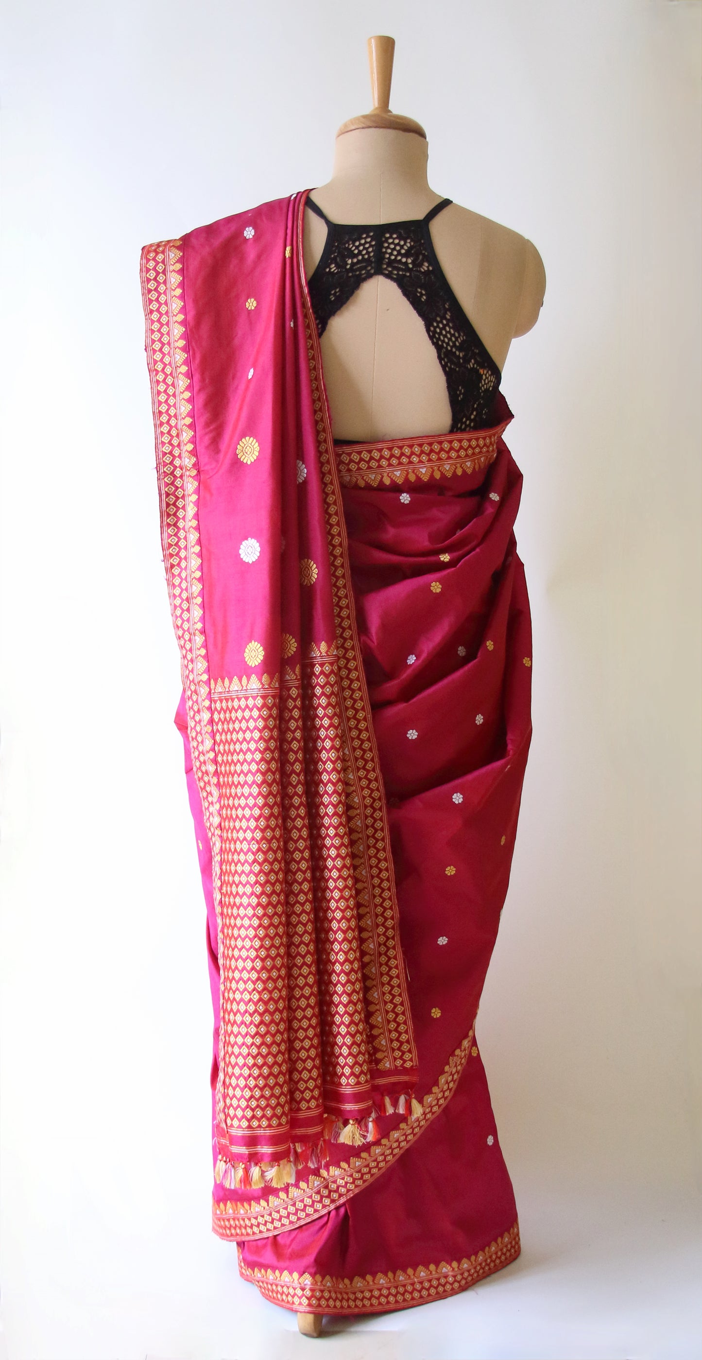 Rose Red Handloom Pat / Mulberry Silk Saree from Assam