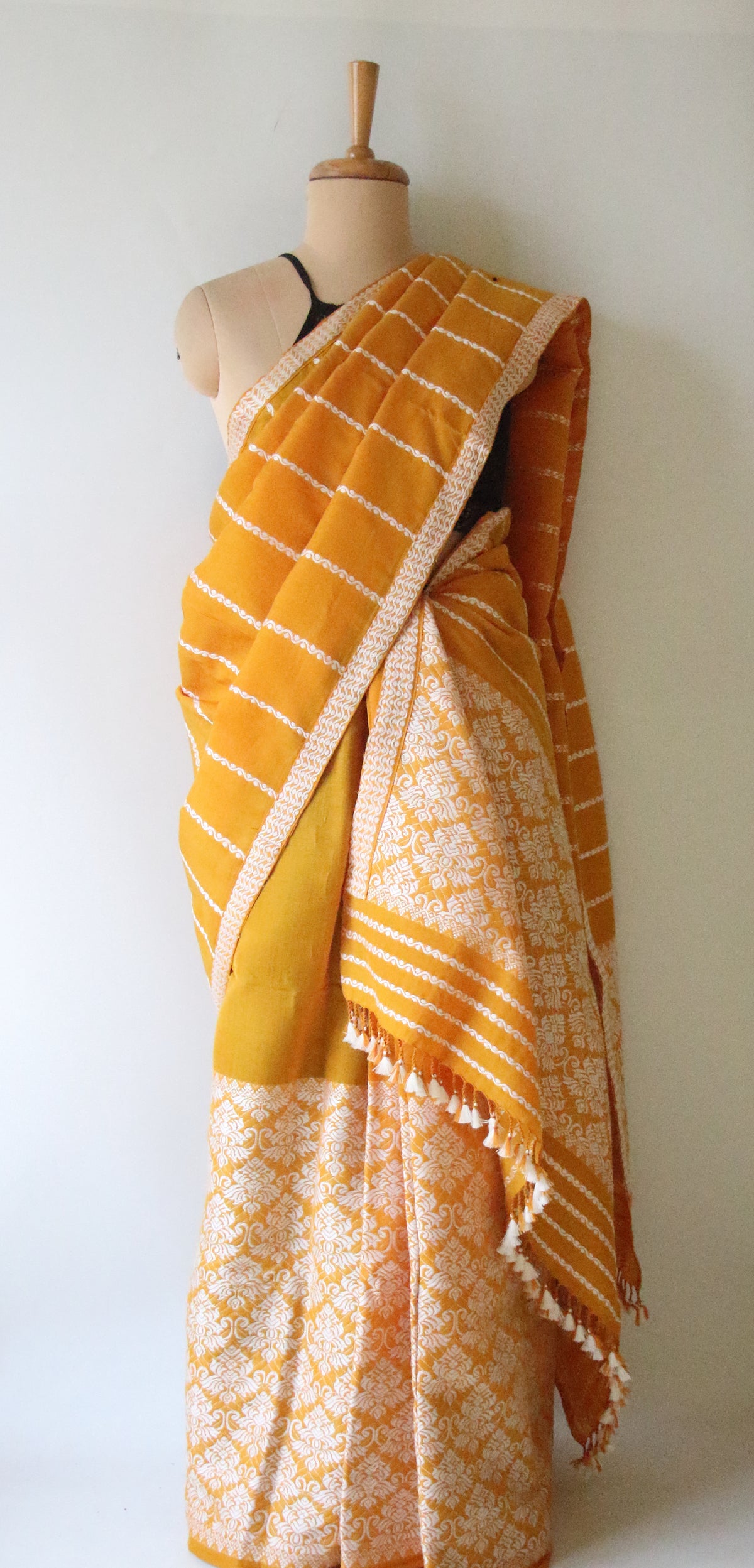 Mustard Yellow Cotton Silk Handloom Mekhela Chador Set from Assam