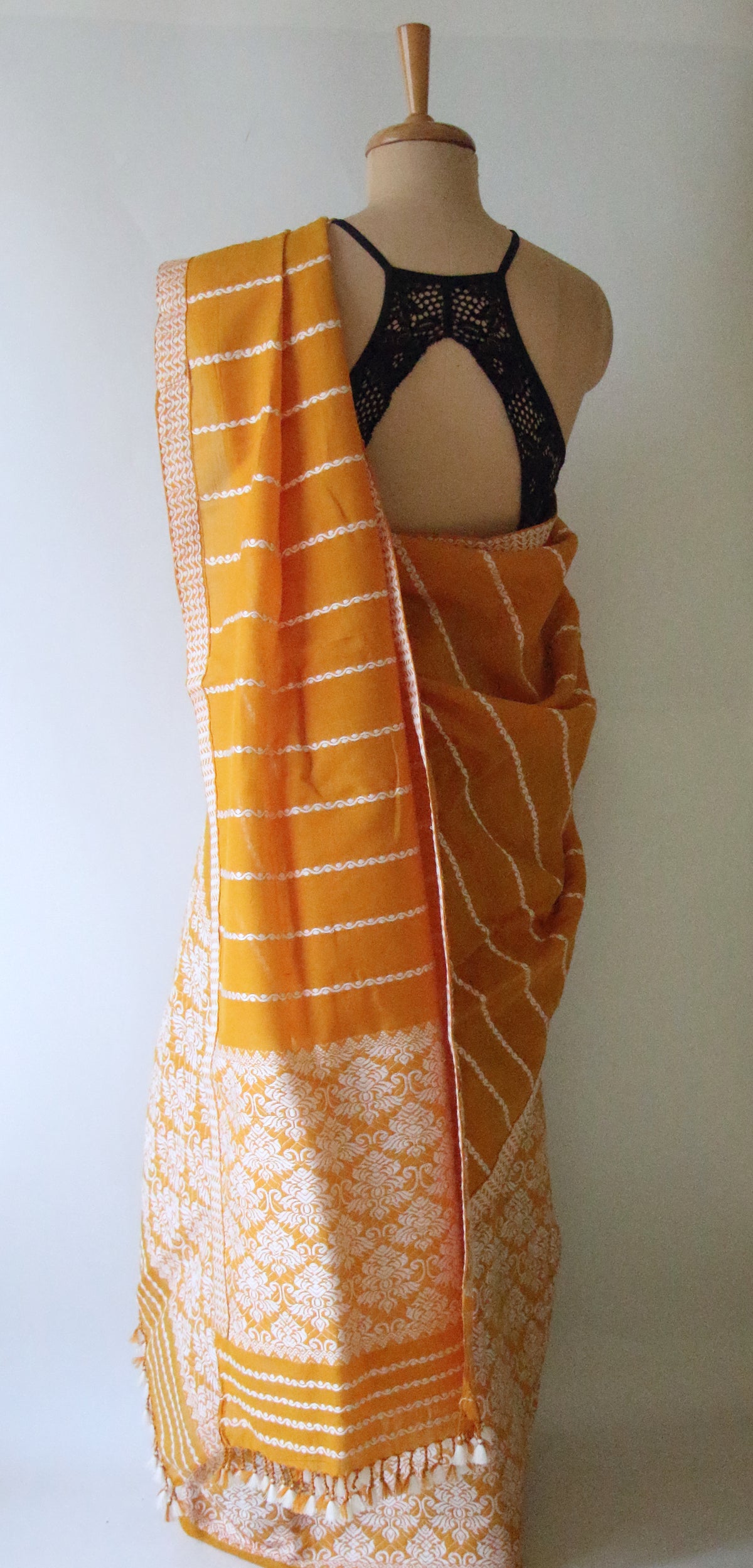 Mustard Yellow Cotton Silk Handloom Mekhela Chador Set from Assam