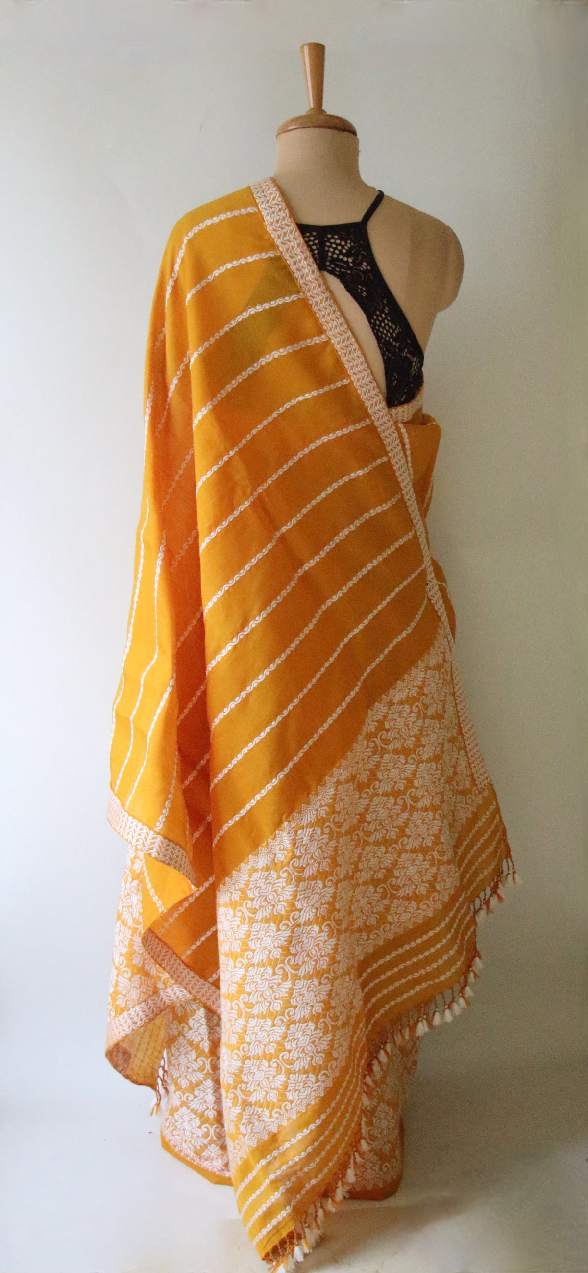 Mustard Yellow Cotton Silk Handloom Mekhela Chador Set from Assam