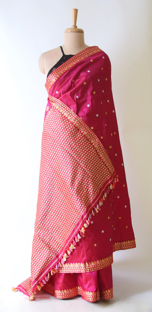 Rose Red Handloom Pat / Mulberry Silk Saree from Assam