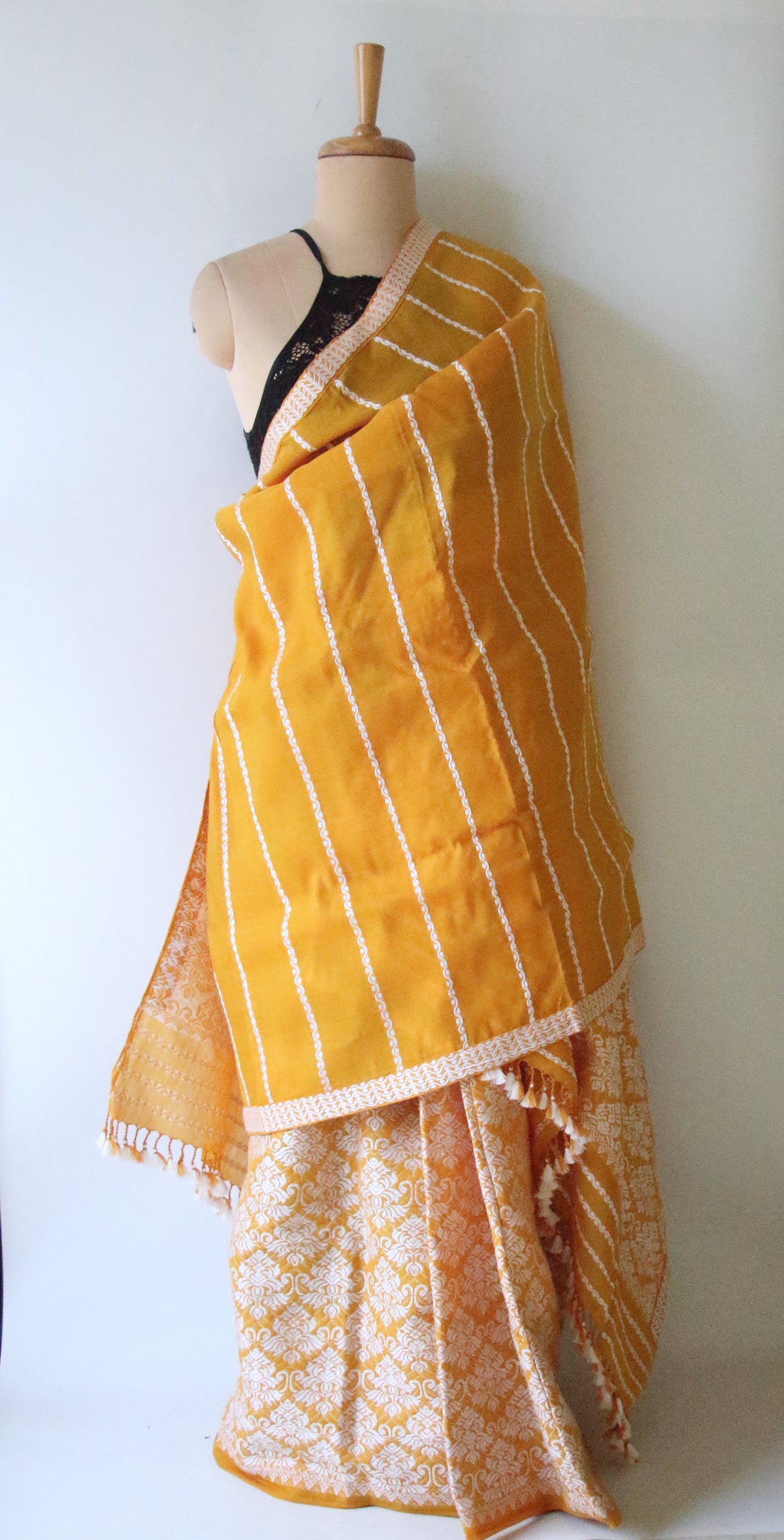 Mustard Yellow Cotton Silk Handloom Mekhela Chador Set from Assam