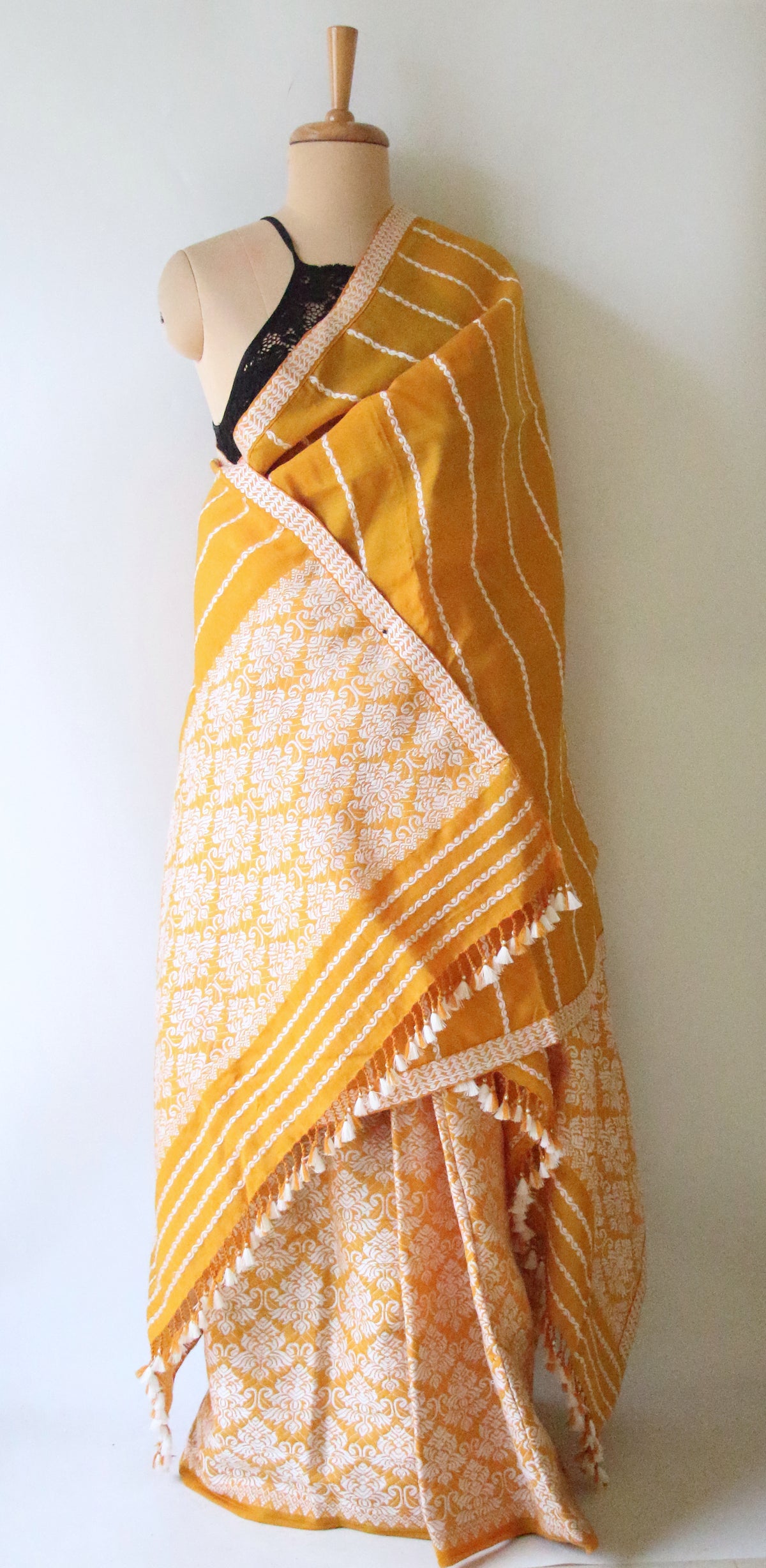 Mustard Yellow Cotton Silk Handloom Mekhela Chador Set from Assam