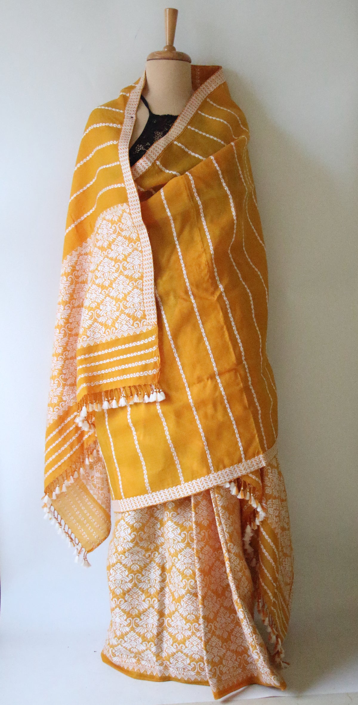 Mustard Yellow Cotton Silk Handloom Mekhela Chador Set from Assam