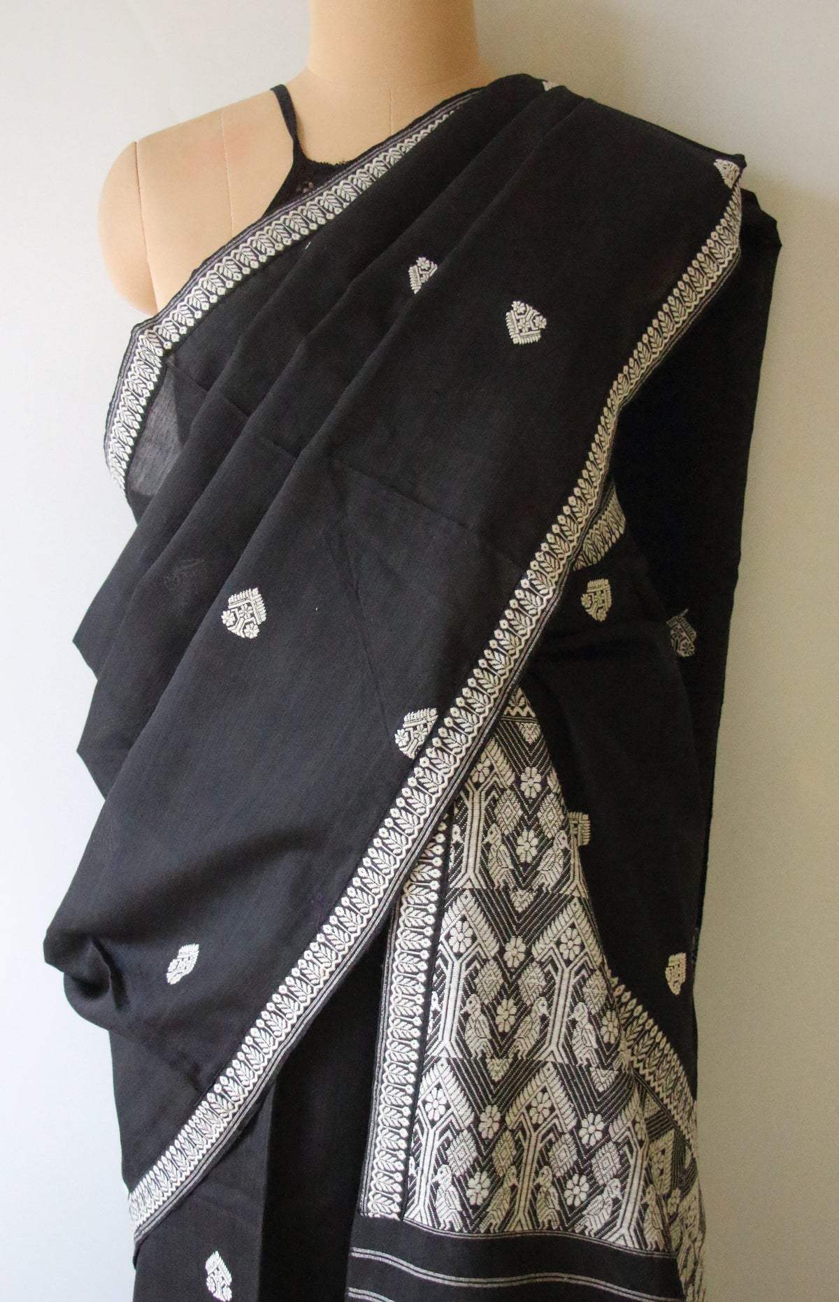 Black Cotton Silk  Handloom Mekhela Chador Set from Assam