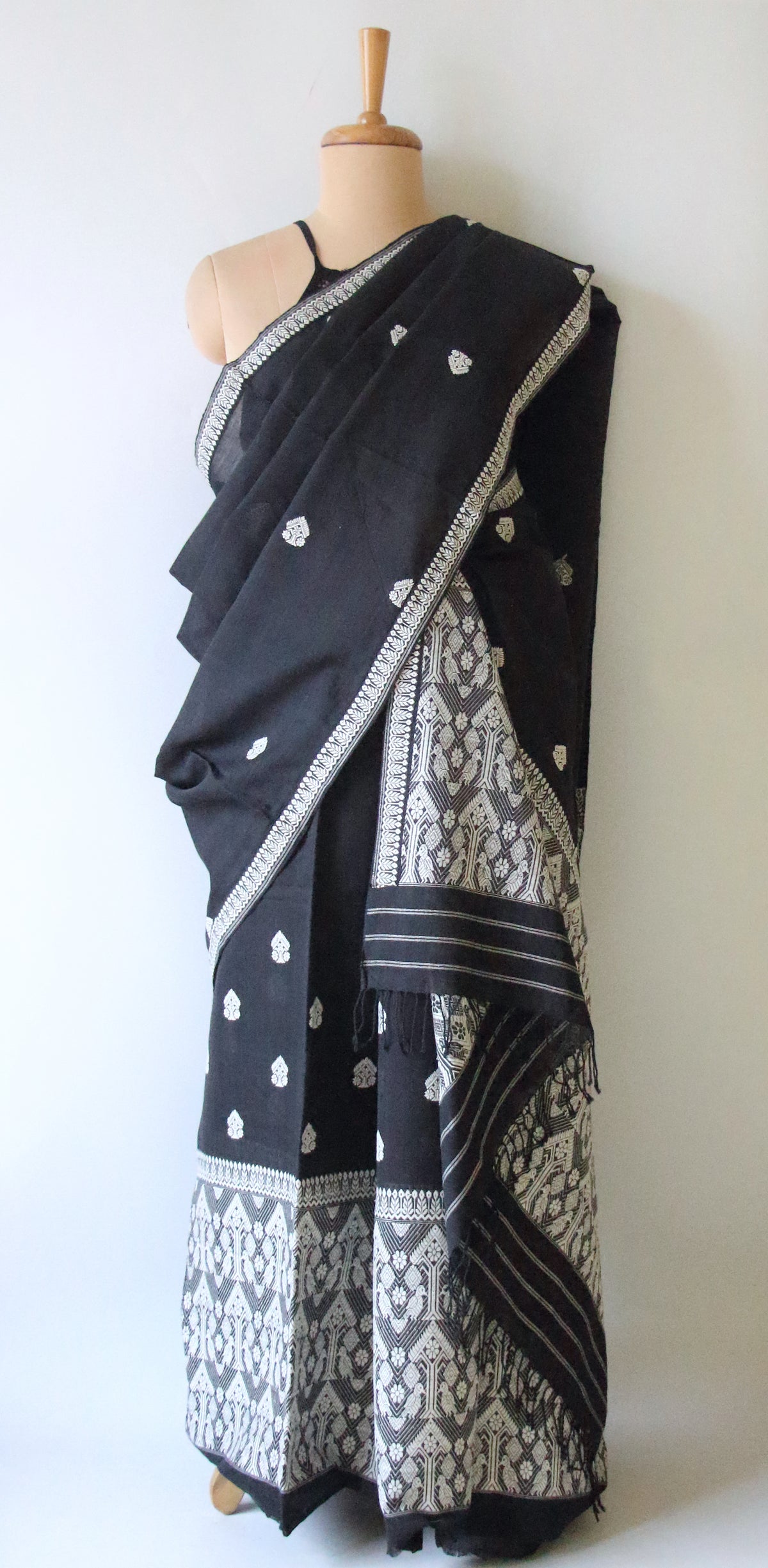 Black Cotton Silk  Handloom Mekhela Chador Set from Assam