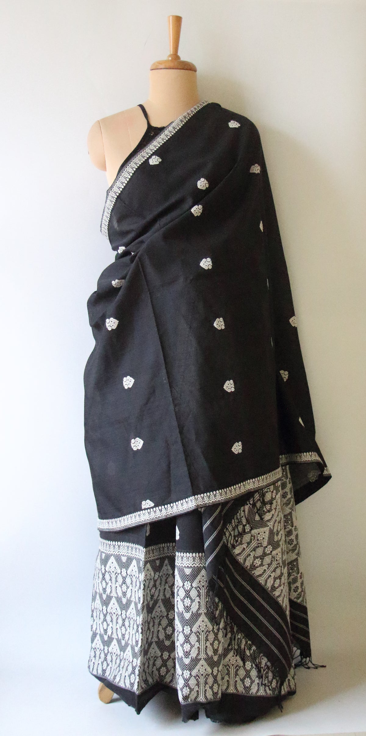 Black Cotton Silk  Handloom Mekhela Chador Set from Assam