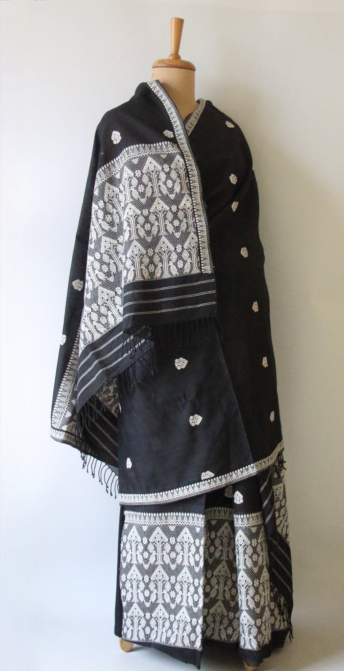 Black Cotton Silk  Handloom Mekhela Chador Set from Assam