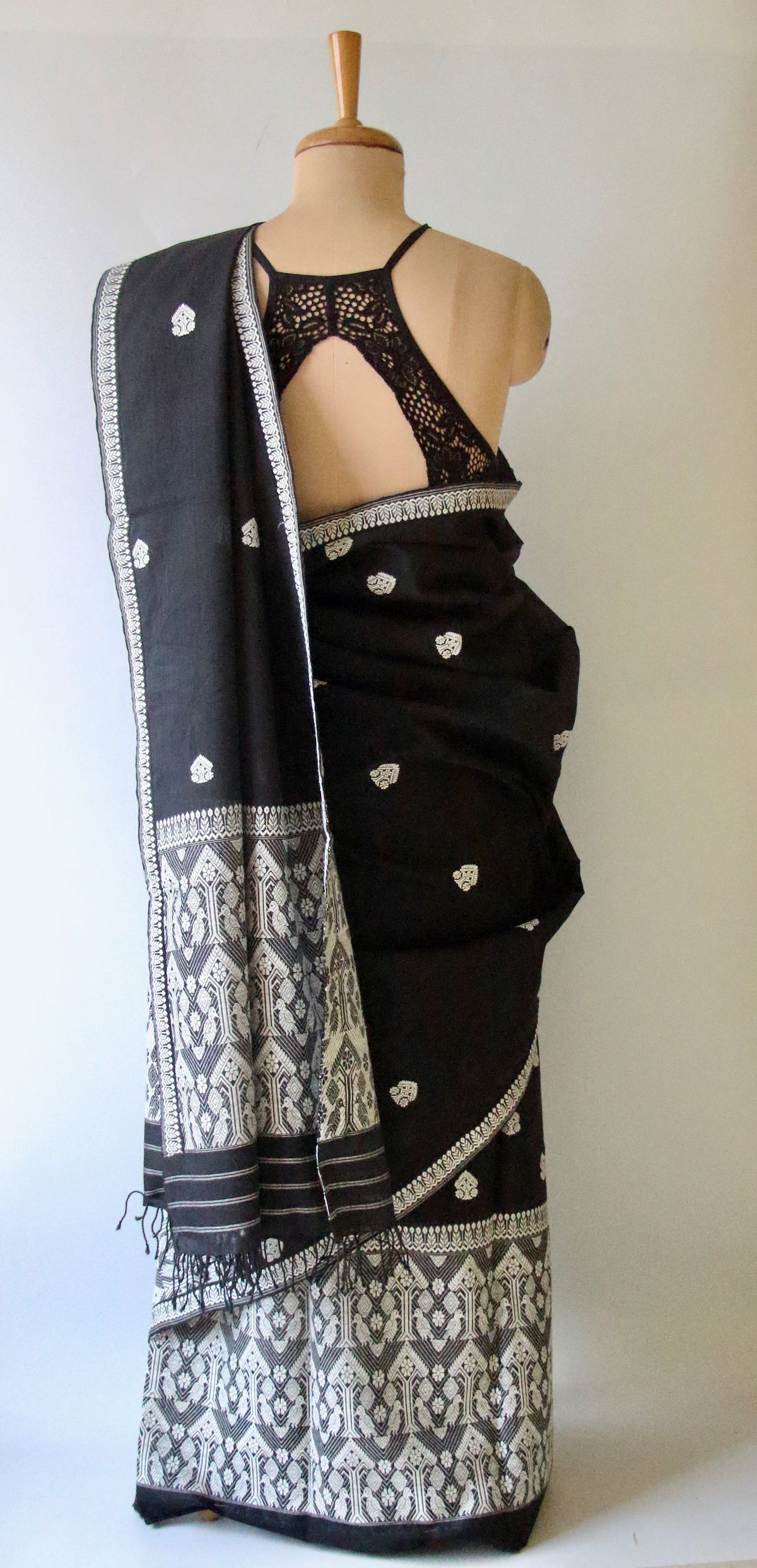 Black Cotton Silk  Handloom Mekhela Chador Set from Assam