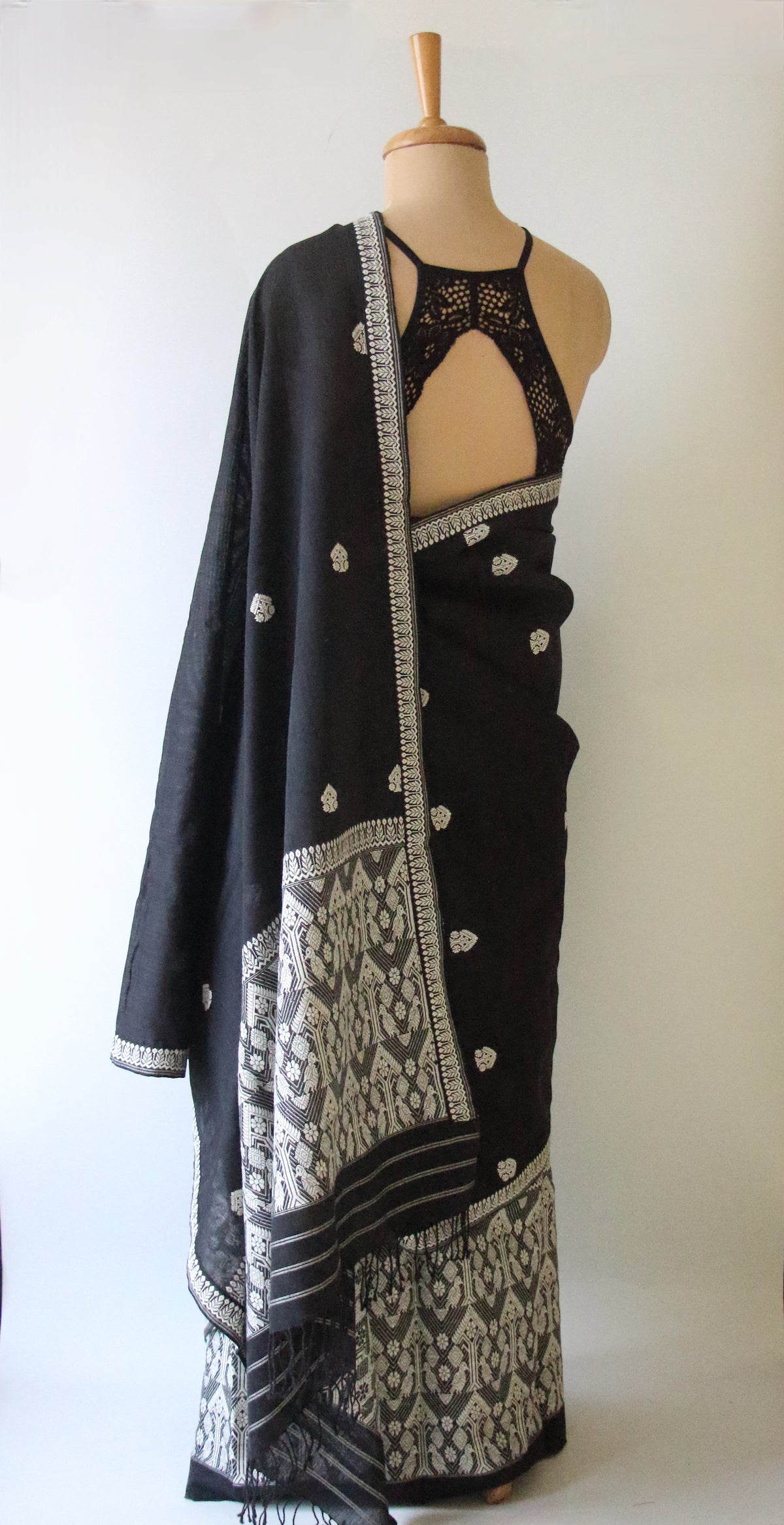 Black Cotton Silk  Handloom Mekhela Chador Set from Assam