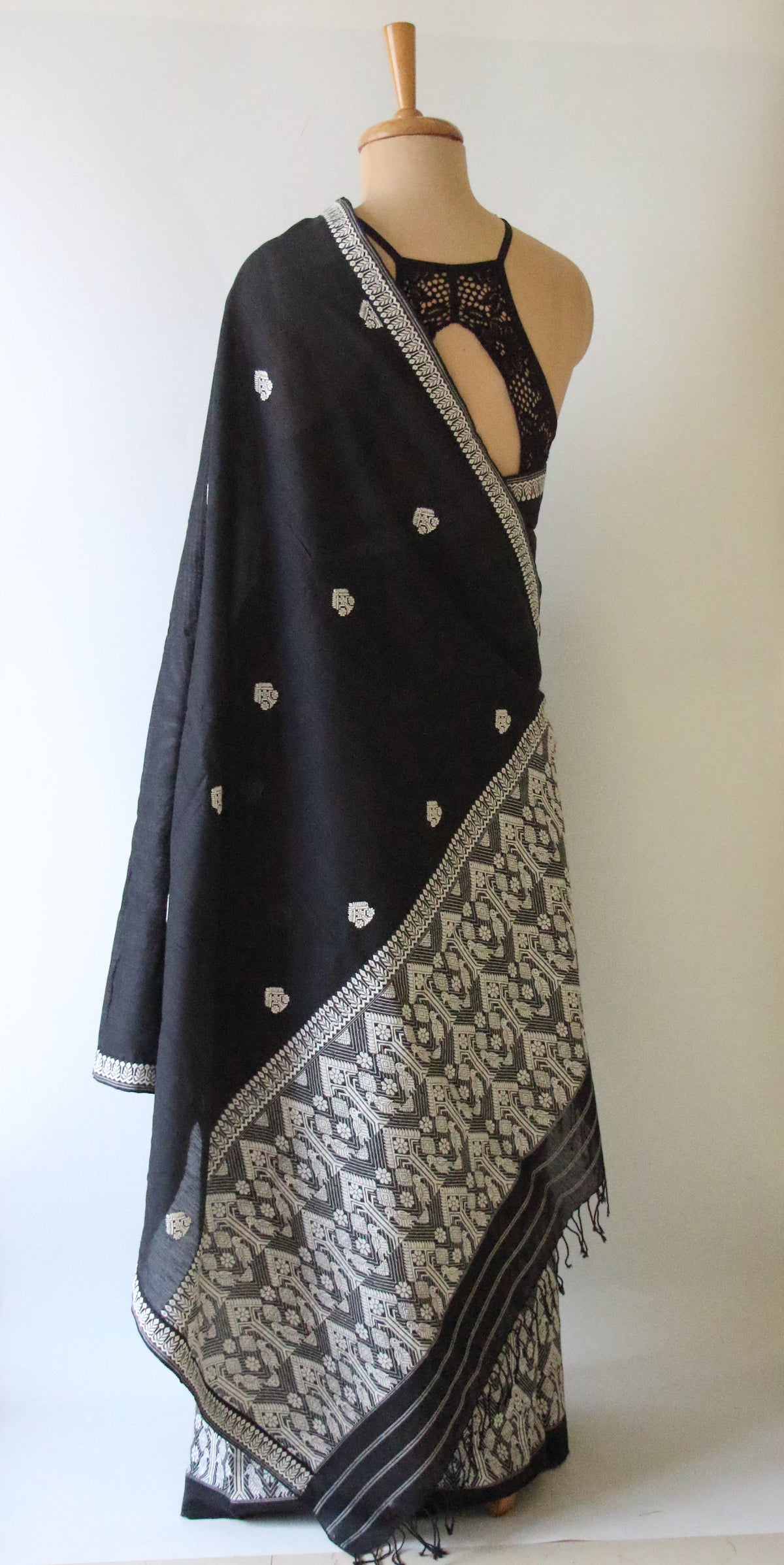 Black Cotton Silk  Handloom Mekhela Chador Set from Assam