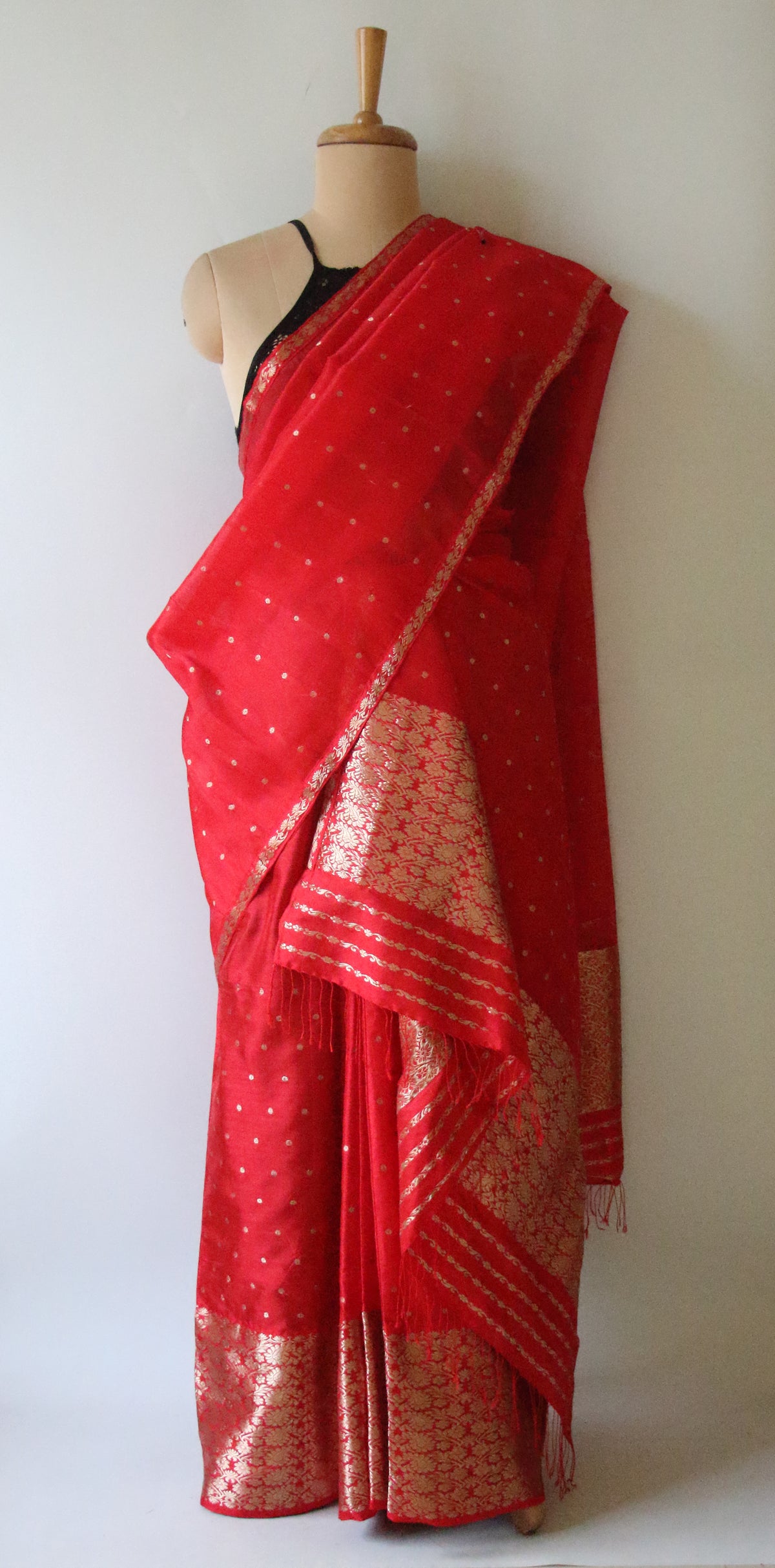 Red Handloom Mulberry Silk Mekhla Chador Set from Assam