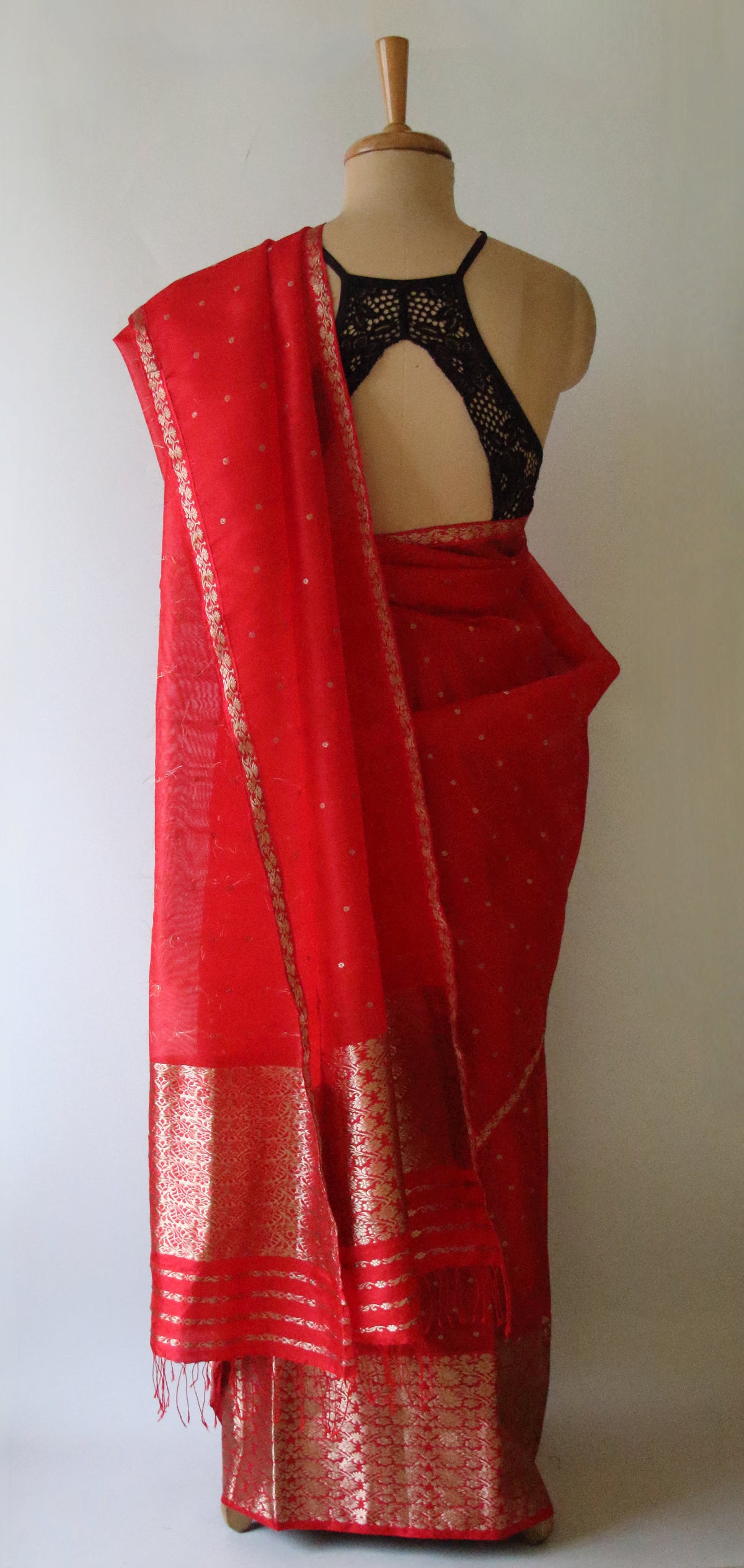 Red Handloom Mulberry Silk Mekhla Chador Set from Assam