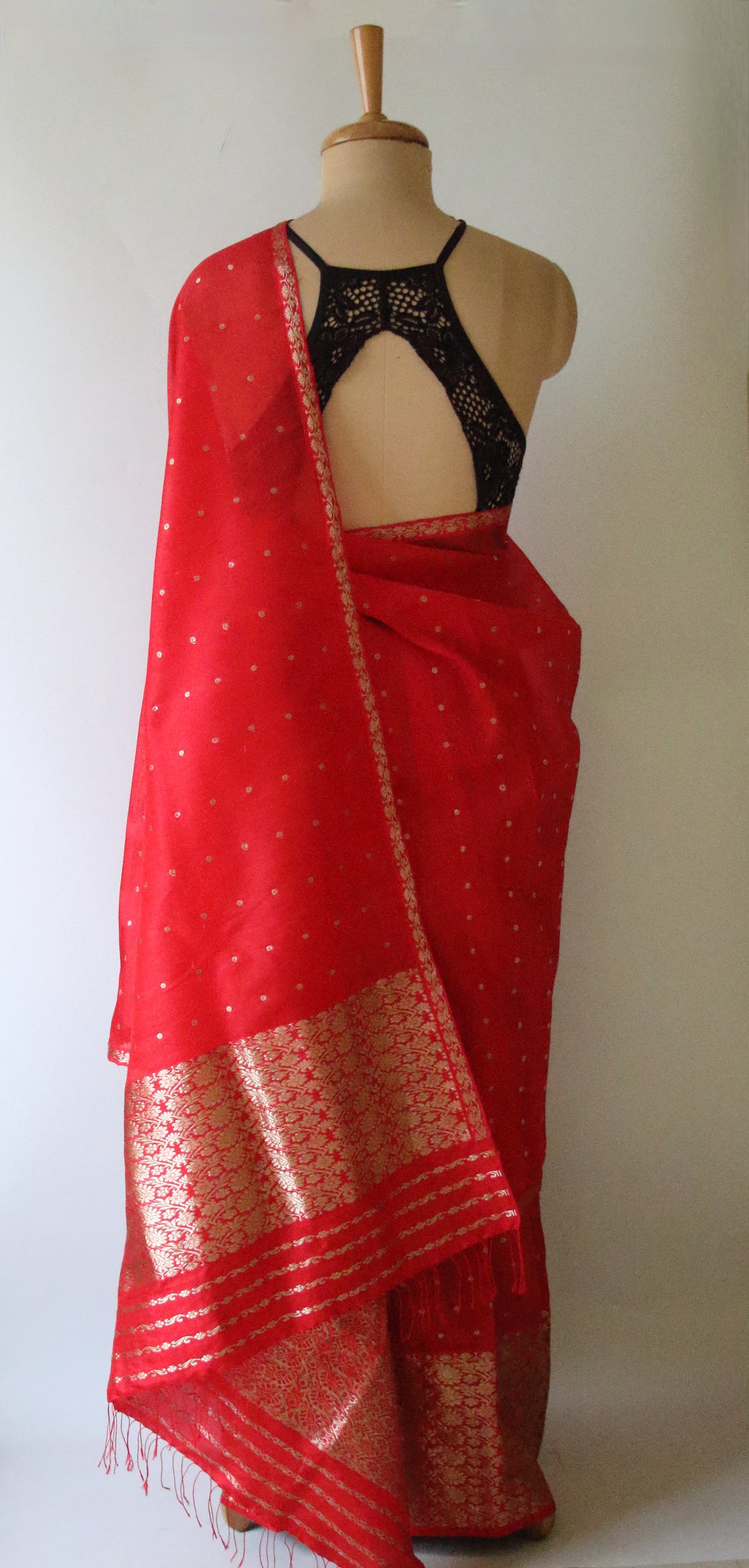 Red Handloom Mulberry Silk Mekhla Chador Set from Assam