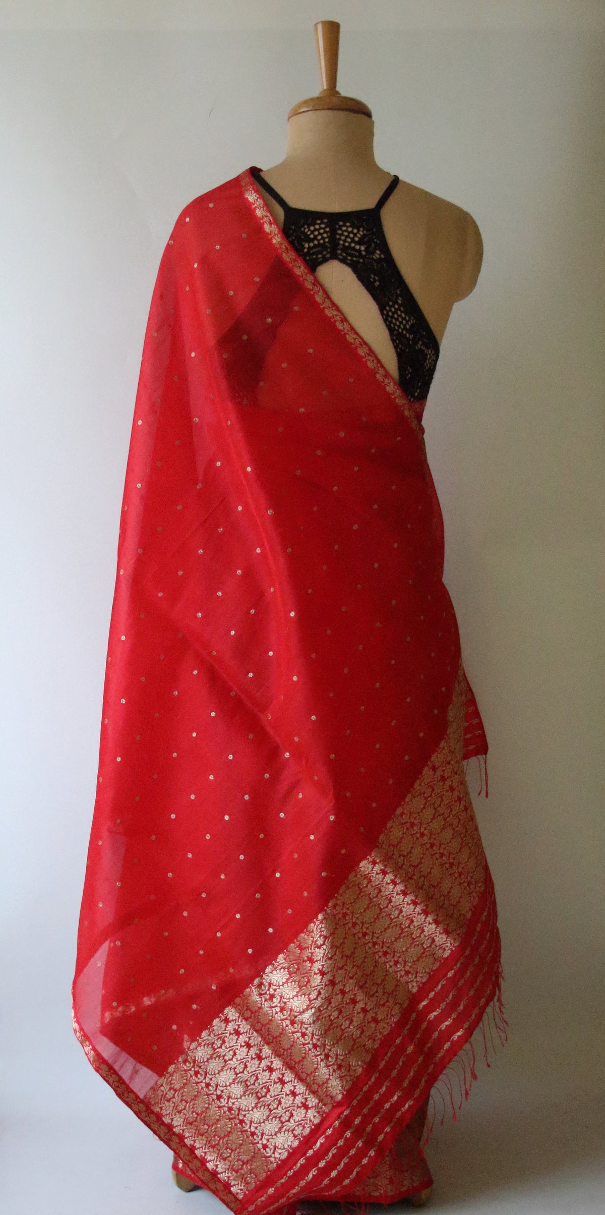 Red Handloom Mulberry Silk Mekhla Chador Set from Assam