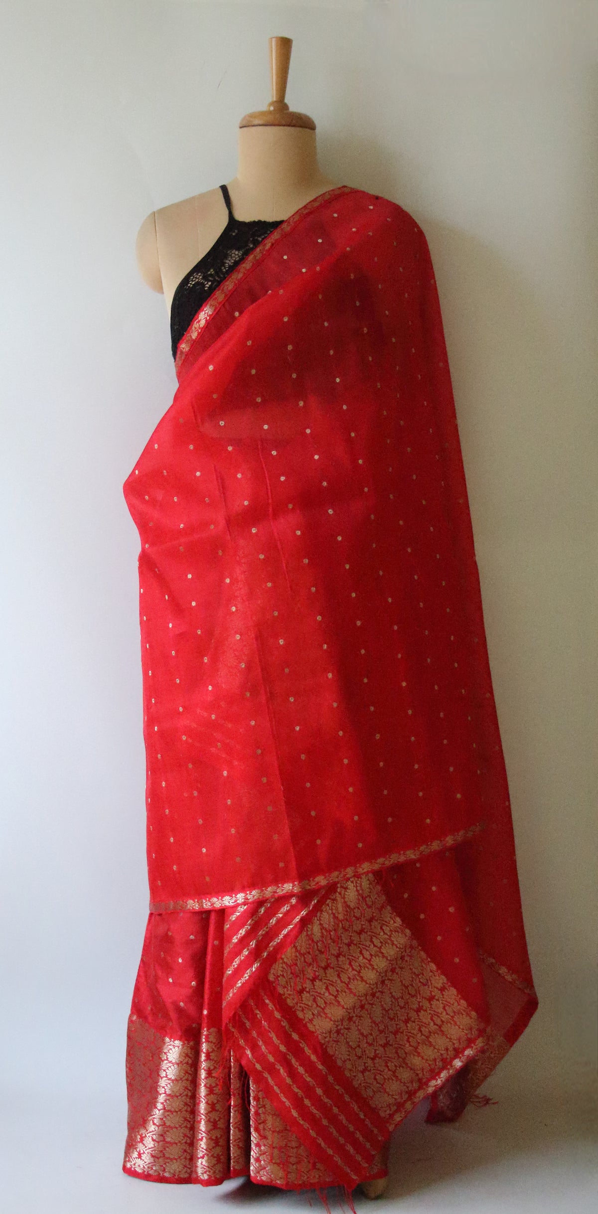 Red Handloom Mulberry Silk Mekhla Chador Set from Assam