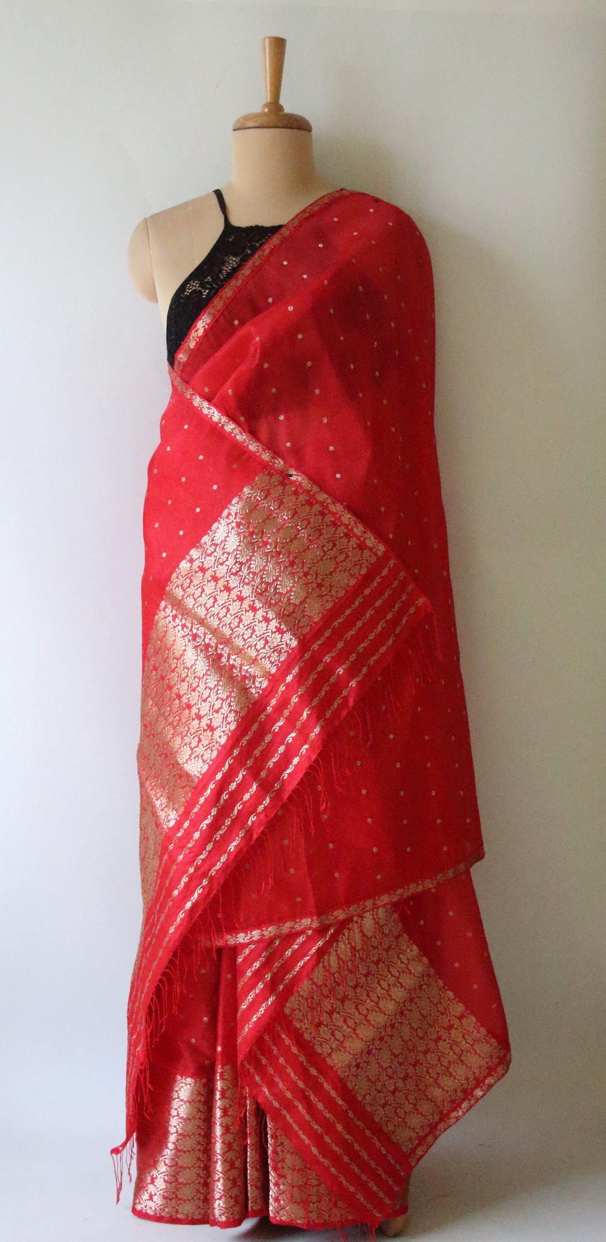 Red Handloom Mulberry Silk Mekhla Chador Set from Assam