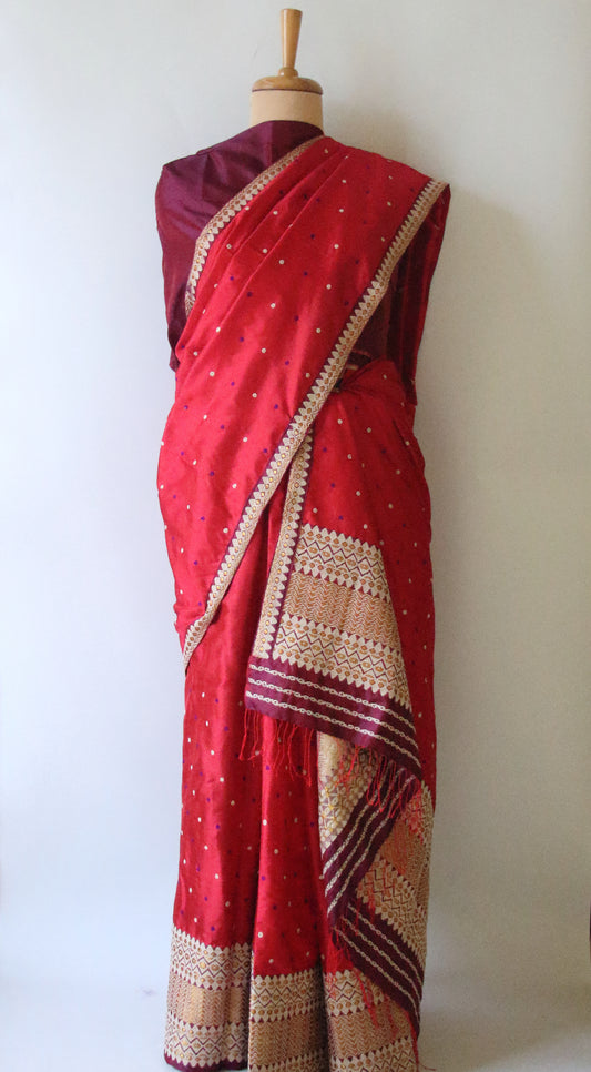 Red Mulberry Silk Traditional Mekhla Chador Set from Assam