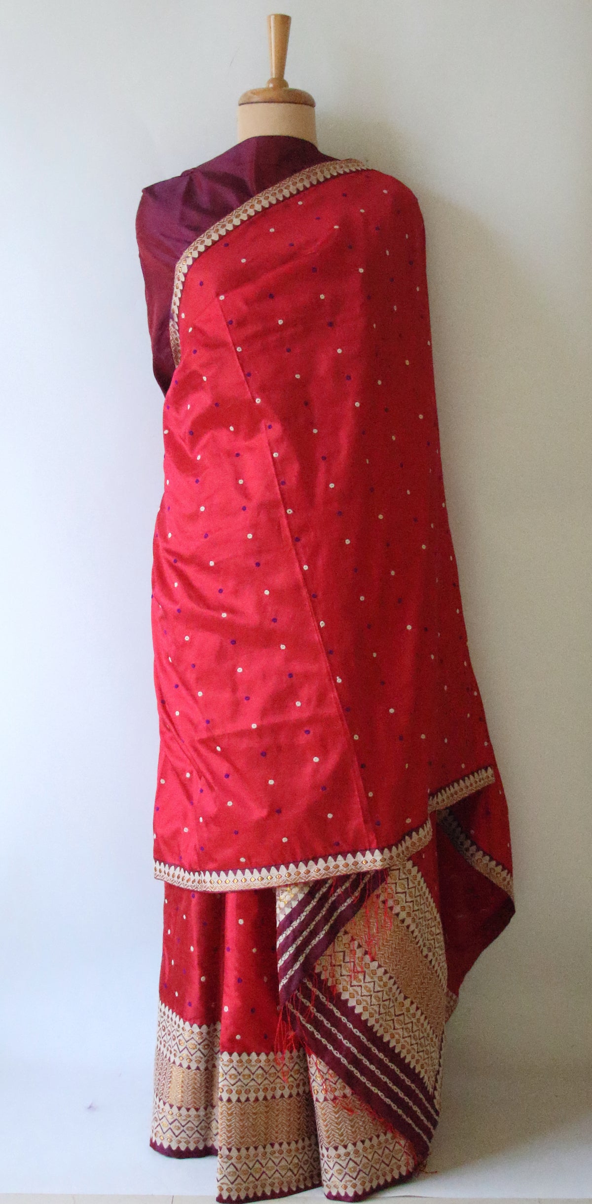 Red Mulberry Silk Traditional Mekhla Chador Set from Assam