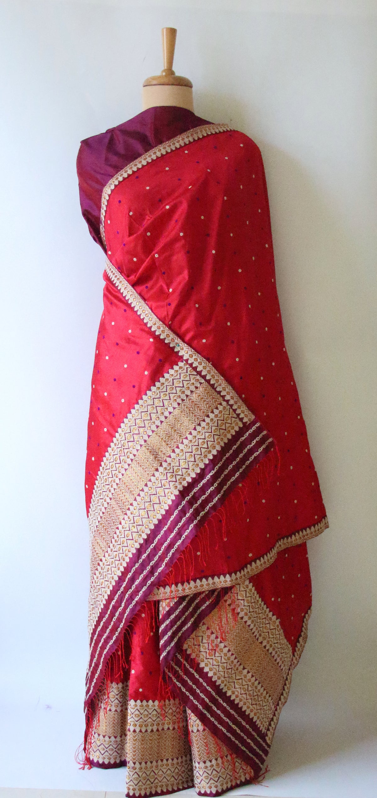 Red Mulberry Silk Traditional Mekhla Chador Set from Assam