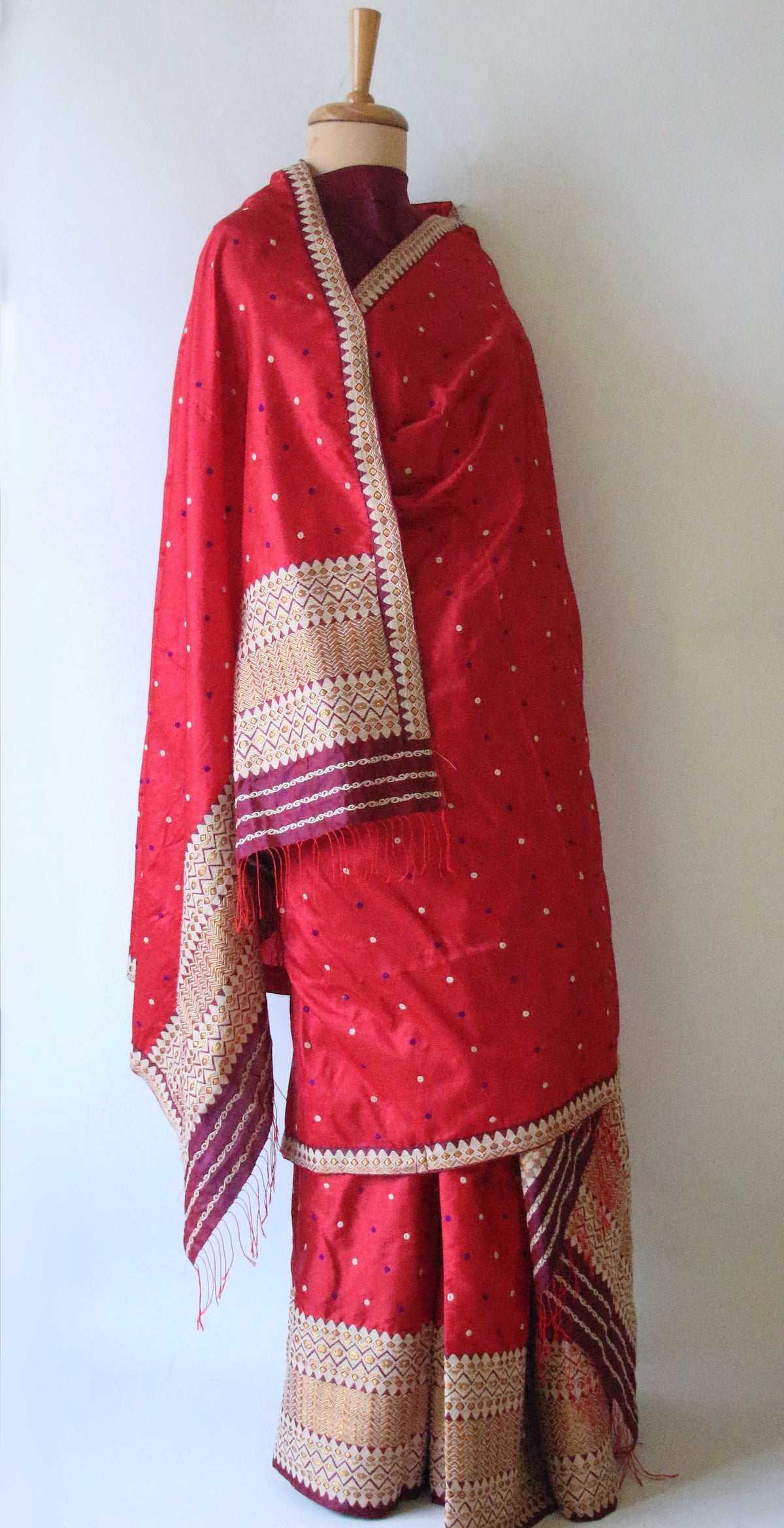 Red Mulberry Silk Traditional Mekhla Chador Set from Assam