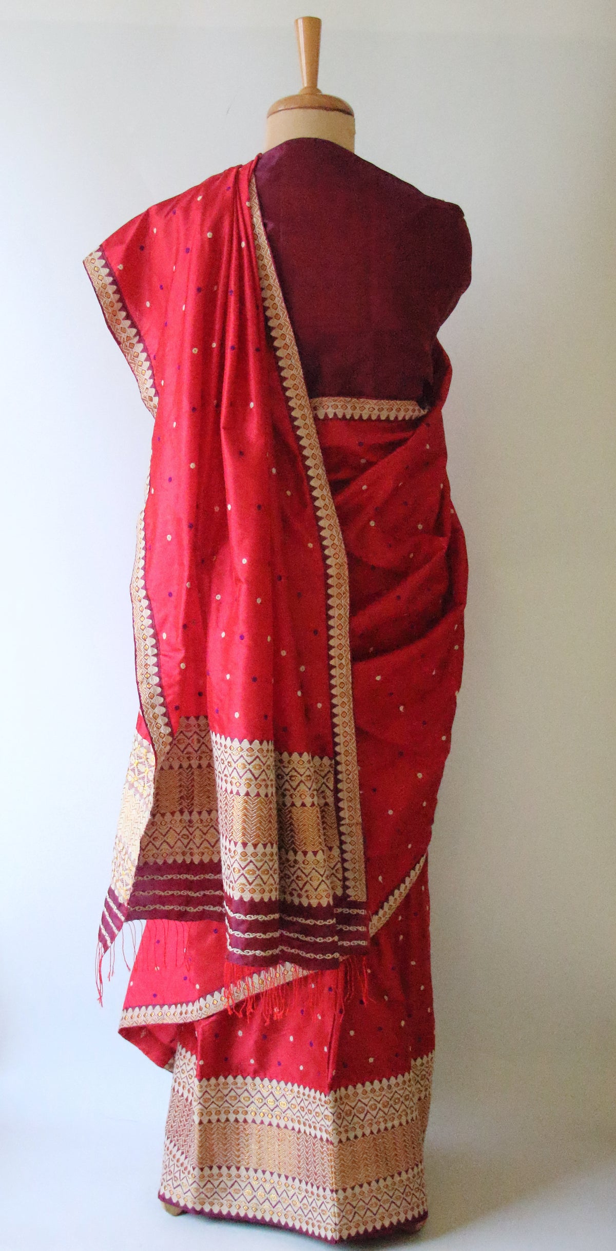 Red Mulberry Silk Traditional Mekhla Chador Set from Assam