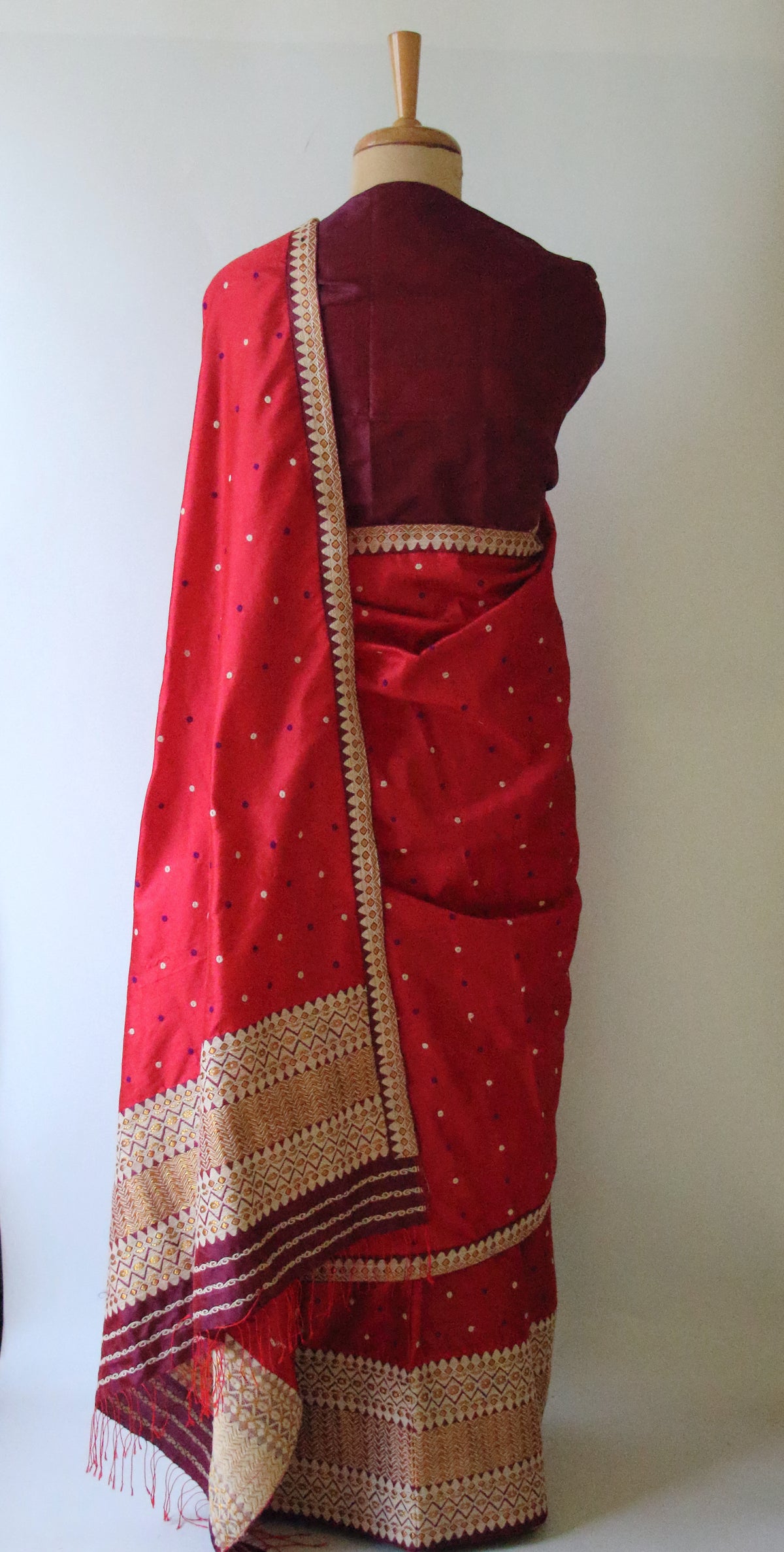 Red Mulberry Silk Traditional Mekhla Chador Set from Assam