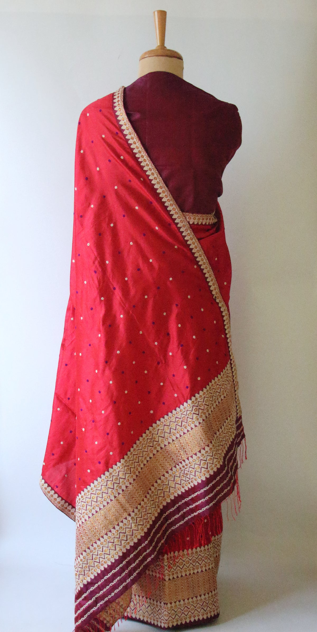 Red Mulberry Silk Traditional Mekhla Chador Set from Assam