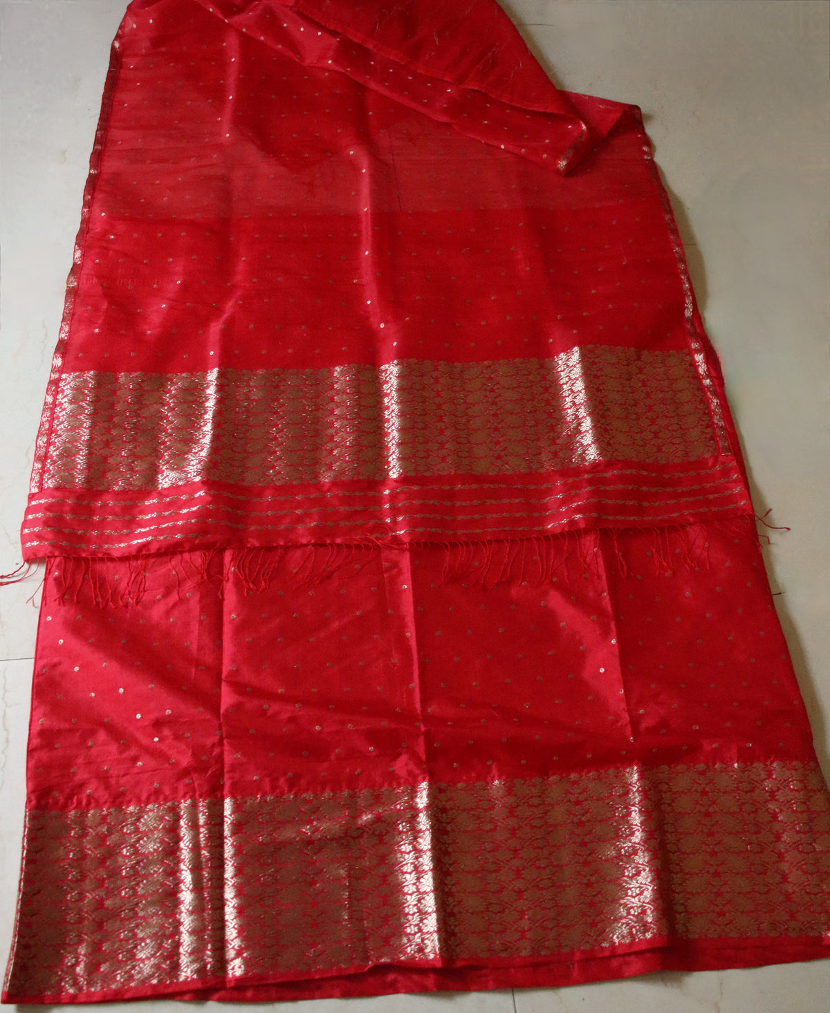 Red Handloom Mulberry Silk Mekhla Chador Set from Assam