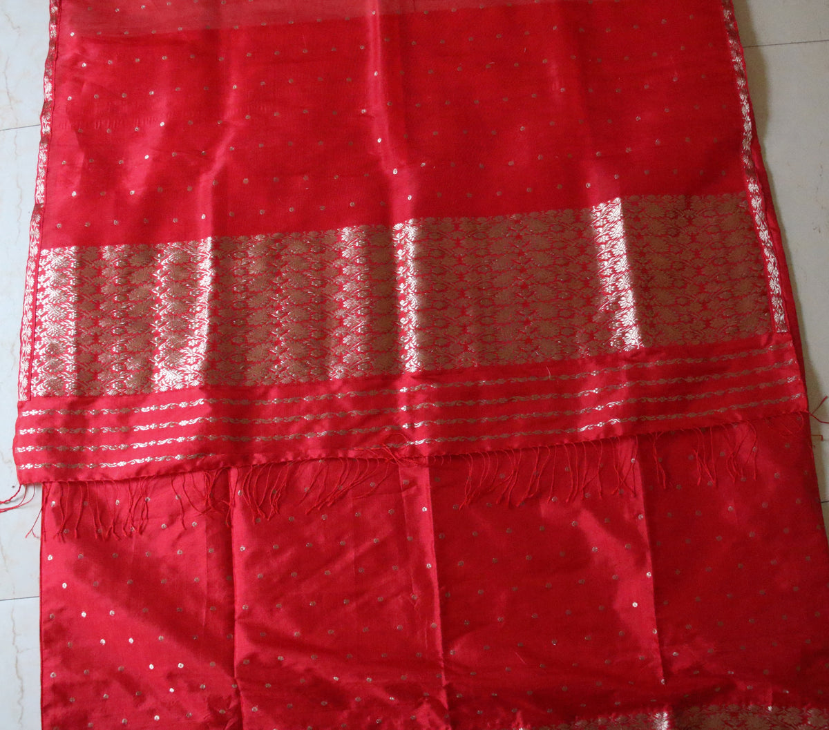 Red Handloom Mulberry Silk Mekhla Chador Set from Assam