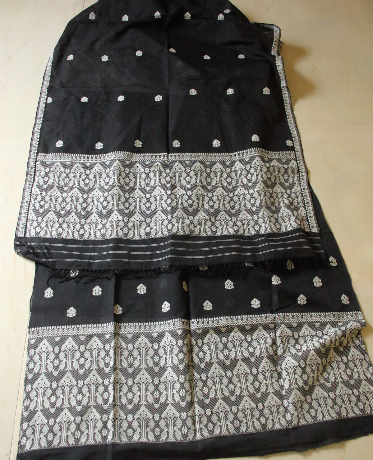 Black Cotton Silk  Handloom Mekhela Chador Set from Assam