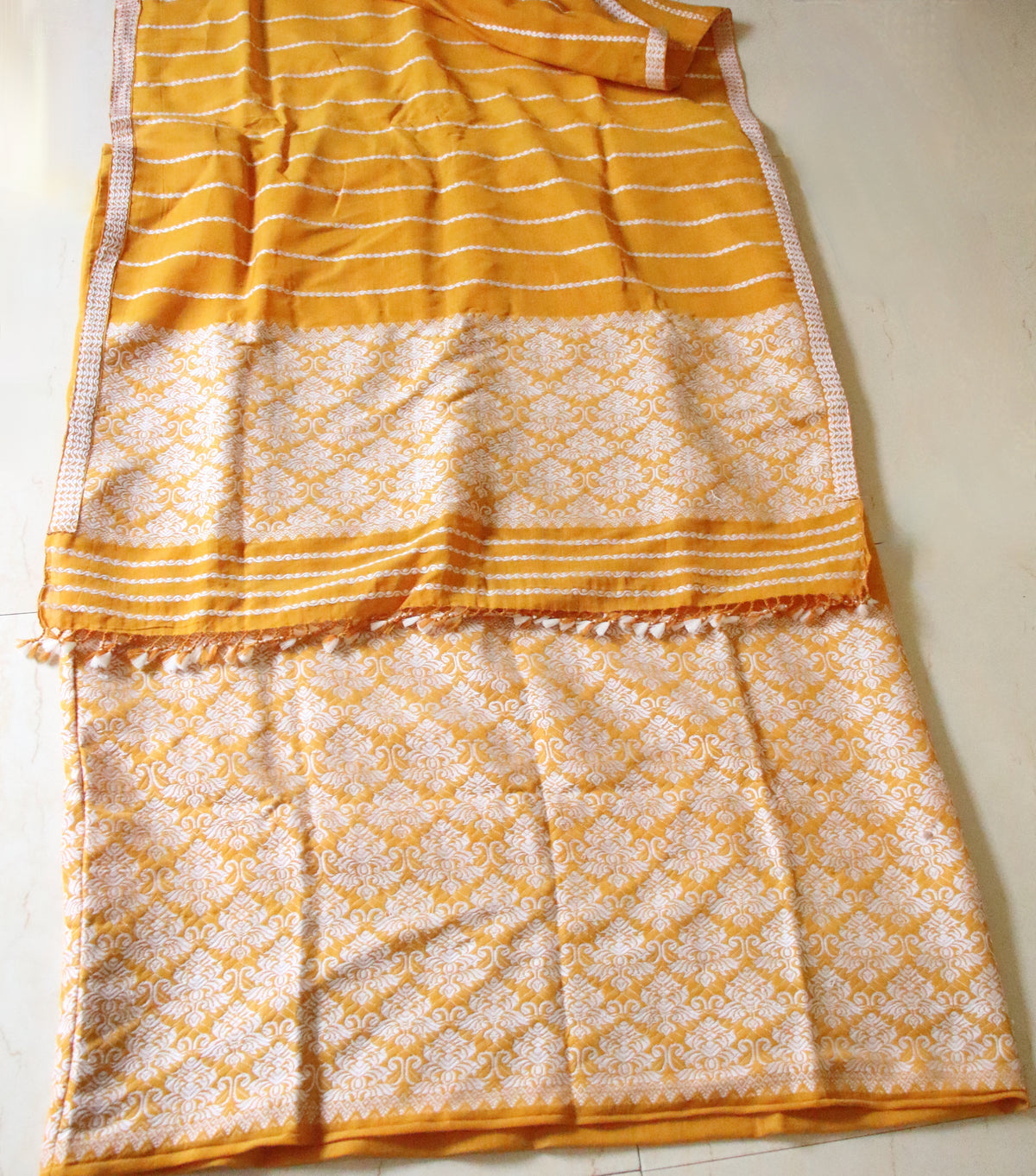 Mustard Yellow Cotton Silk Handloom Mekhela Chador Set from Assam