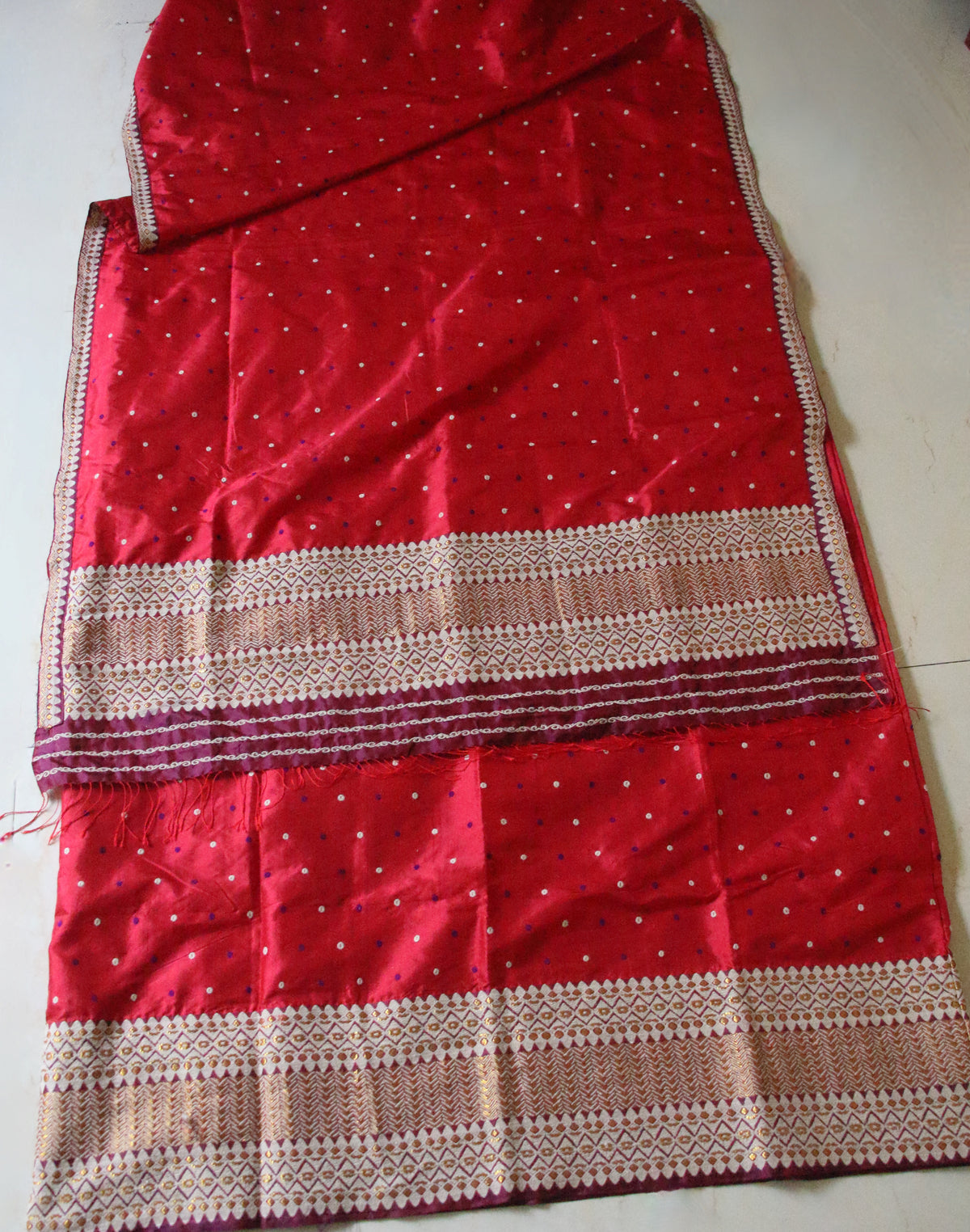 Red Mulberry Silk Traditional Mekhla Chador Set from Assam