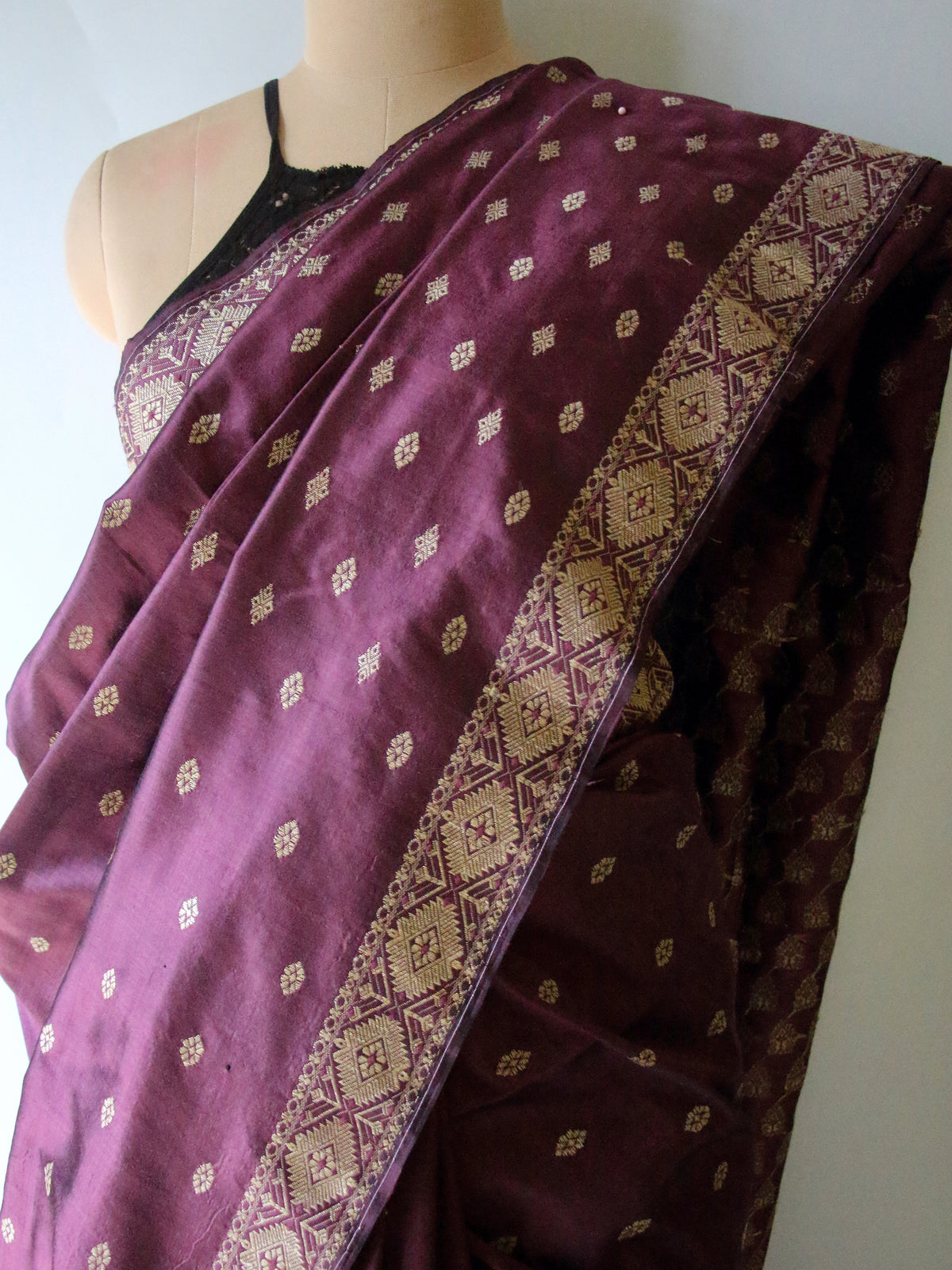Wine Colour Natural Dyed Handloom Mulberry Silk Saree, Muga Silk Motifs