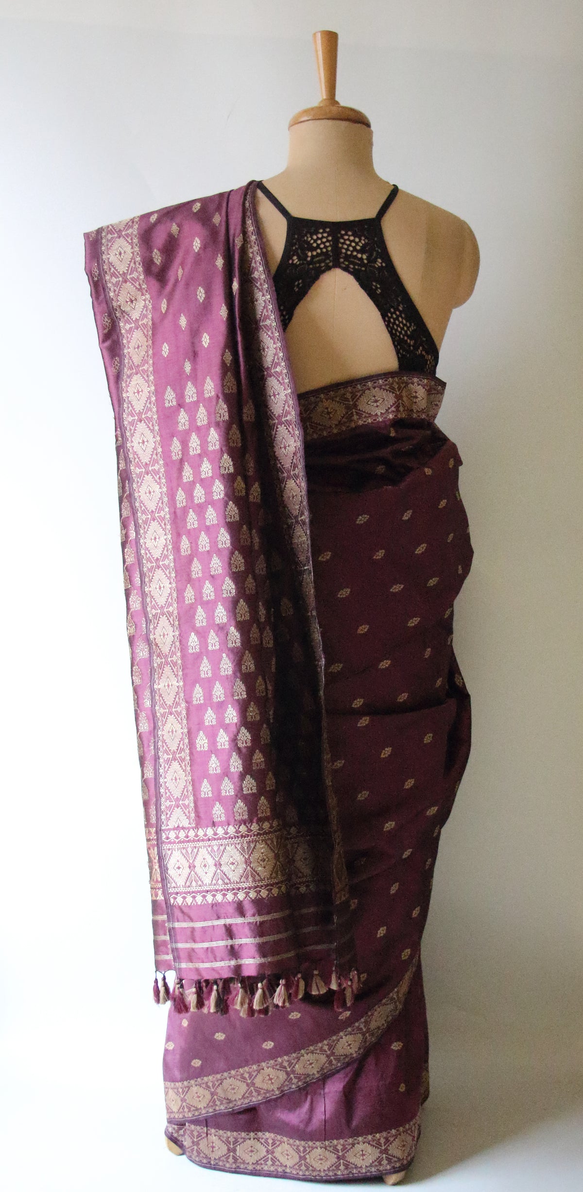 Wine Colour Natural Dyed Handloom Mulberry Silk Saree, Muga Silk Motifs