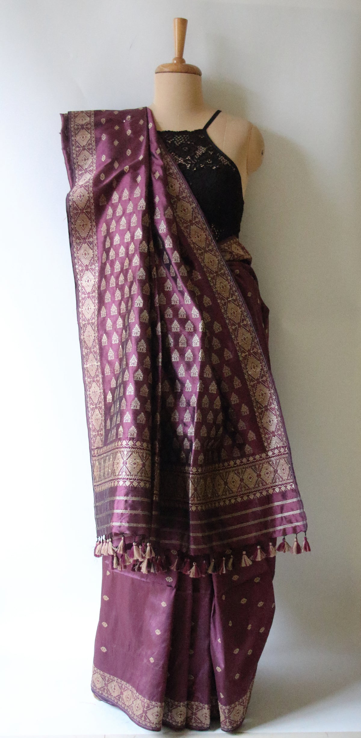 Wine Colour Natural Dyed Handloom Mulberry Silk Saree, Muga Silk Motifs