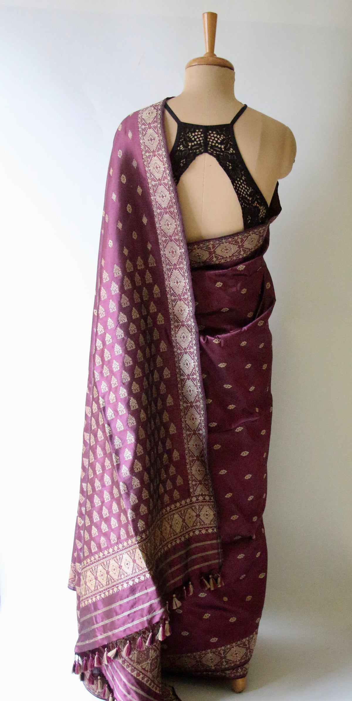 Wine Colour Natural Dyed Handloom Mulberry Silk Saree, Muga Silk Motifs