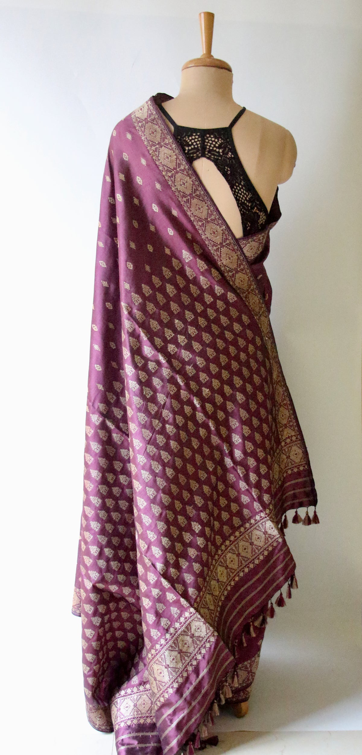 Wine Colour Natural Dyed Handloom Mulberry Silk Saree, Muga Silk Motifs