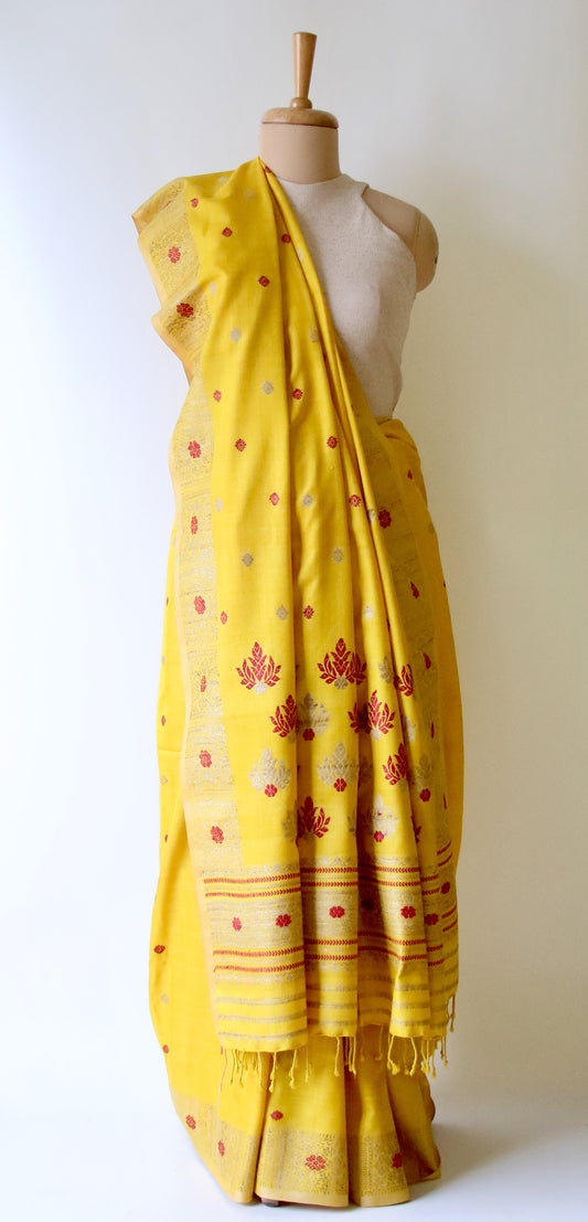 Turmeric Yellow Natural Dyed Handloom Eri Silk Saree from Assam