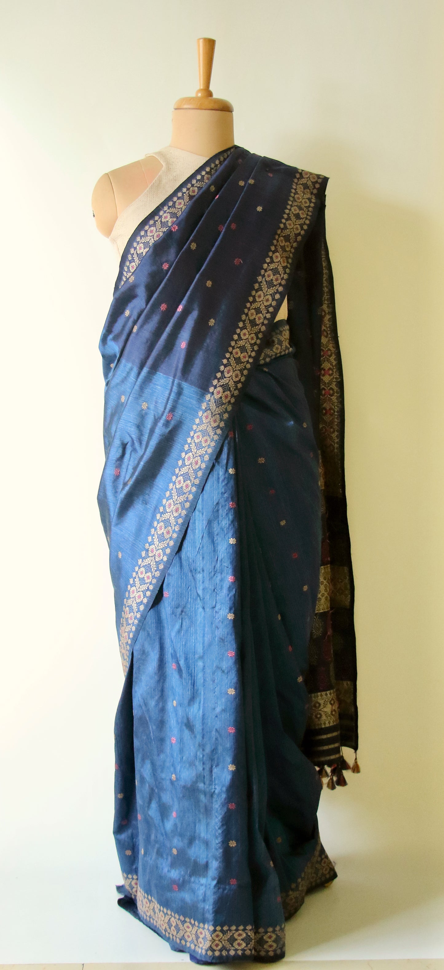 Indigo Natural Dyed Mulberry Silk Saree, Muga Silk Motifs