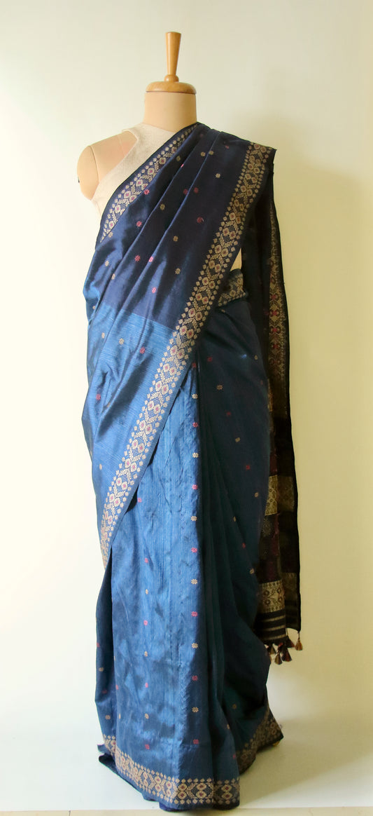 Indigo Natural Dyed Mulberry Silk Saree, Muga Silk Motifs
