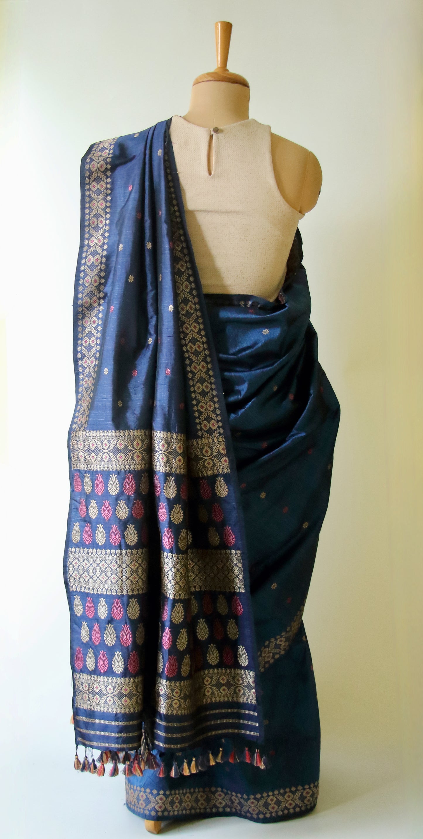 Indigo Natural Dyed Mulberry Silk Saree, Muga Silk Motifs