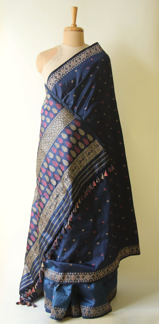 Indigo Natural Dyed Mulberry Silk Saree, Muga Silk Motifs