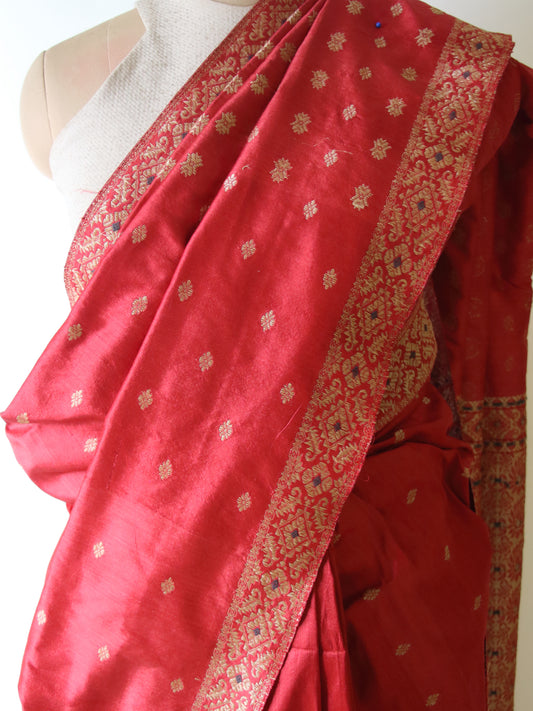 Red Natural Dyed Mulberry Silk Saree from Assam