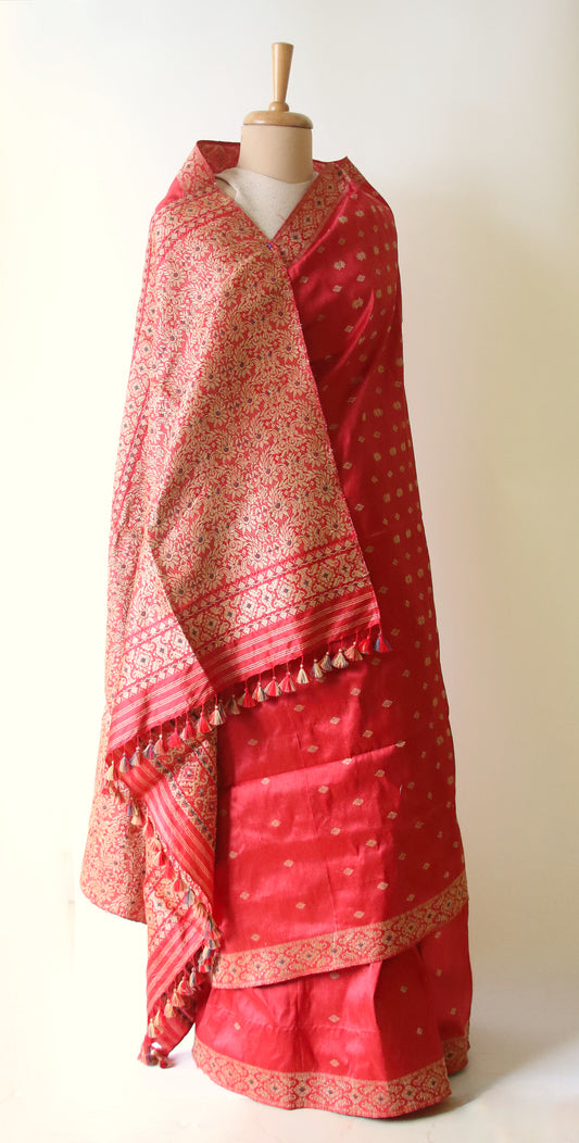 Red Natural Dyed Mulberry Silk Saree from Assam