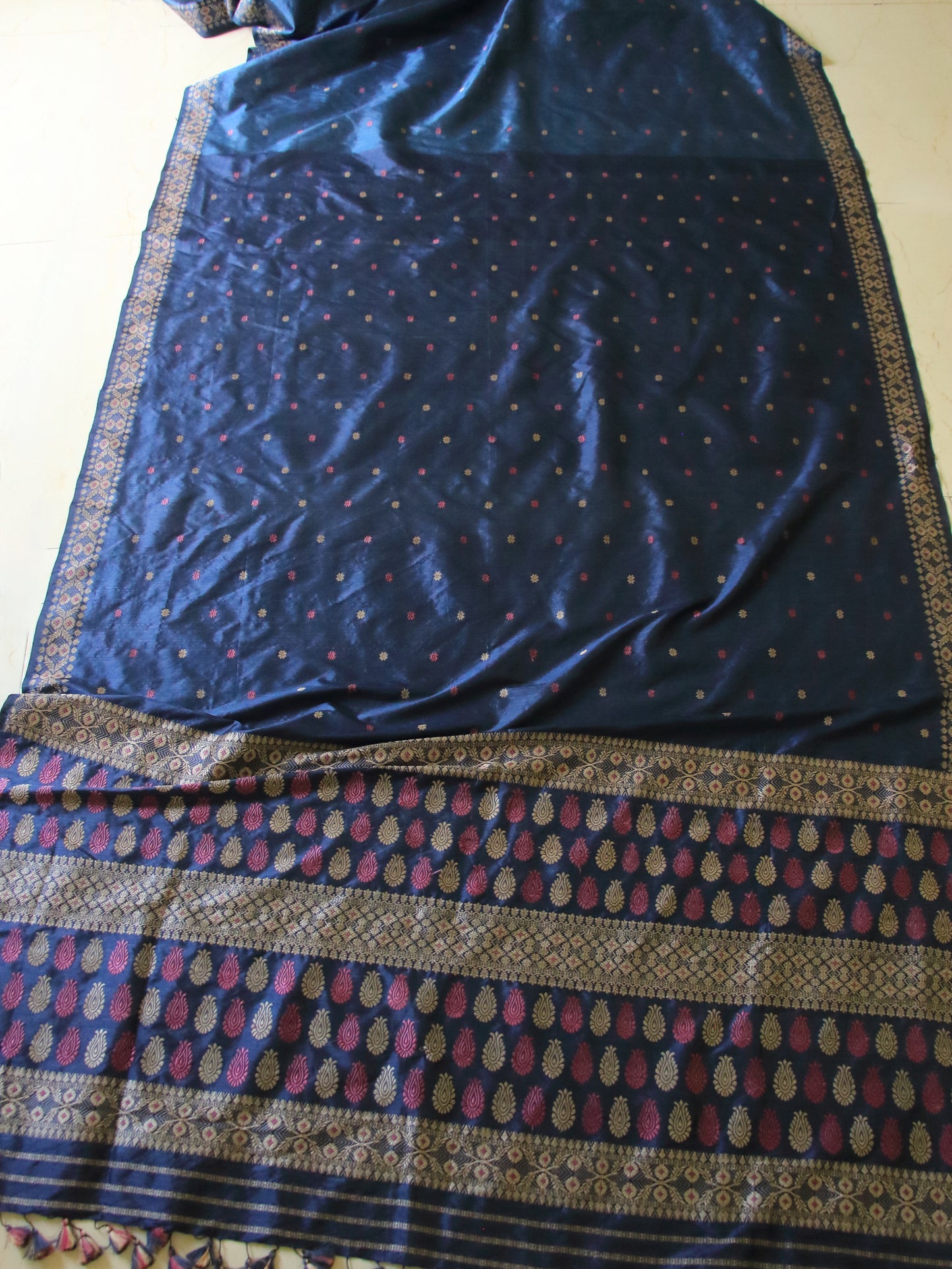 Indigo Natural Dyed Mulberry Silk Saree, Muga Silk Motifs