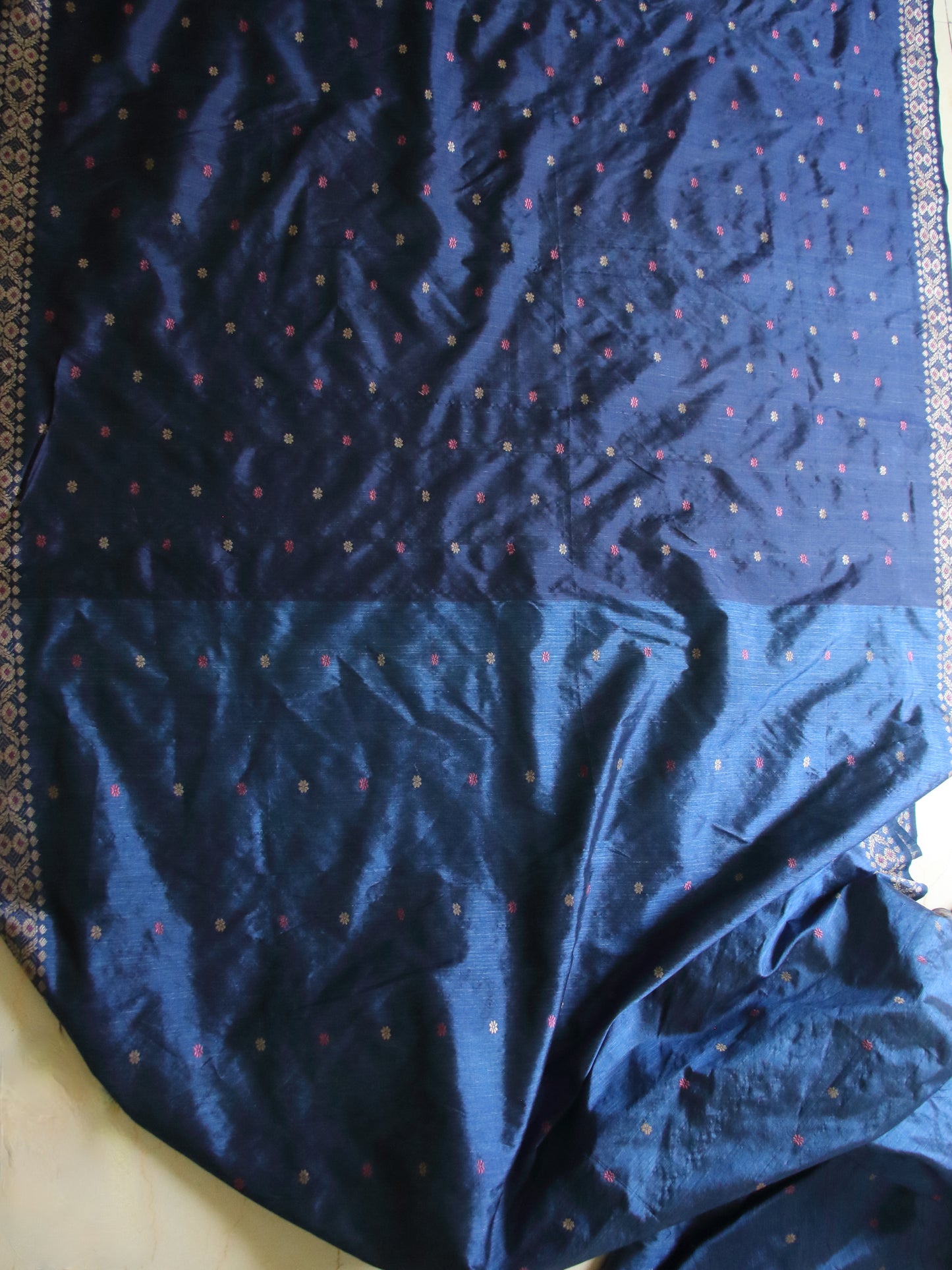 Indigo Natural Dyed Mulberry Silk Saree, Muga Silk Motifs